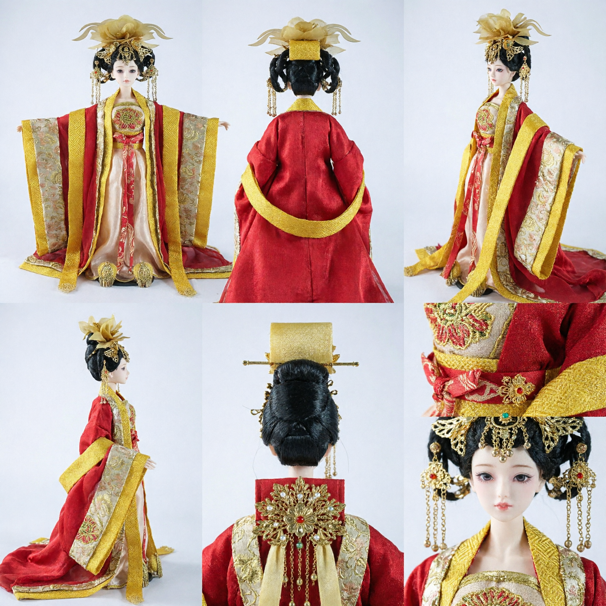 Wyszukana Tradycyjna Chińska Lalka Hanfu w Ozdobnej Cesarskiej Szacie w Kolorach Złotym i Czerwonym, Kolekcjonerski Prezent Kulturowy - Asian Costume