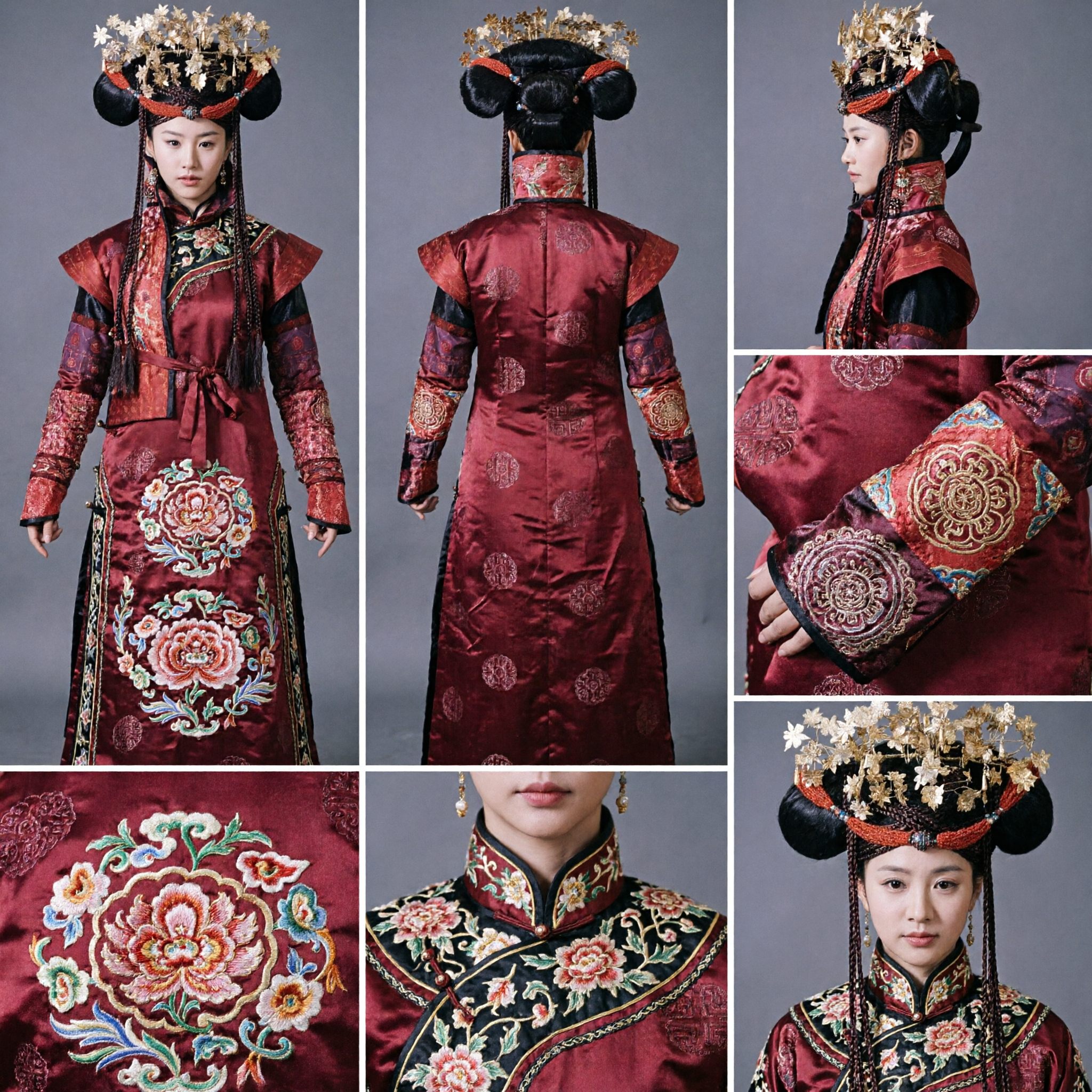 Ensemble costume de princesse de la dynastie Qing traditionnelle chinoise avec coiffe Manchu élaborée florale dorée pour cosplay - Asian Costume