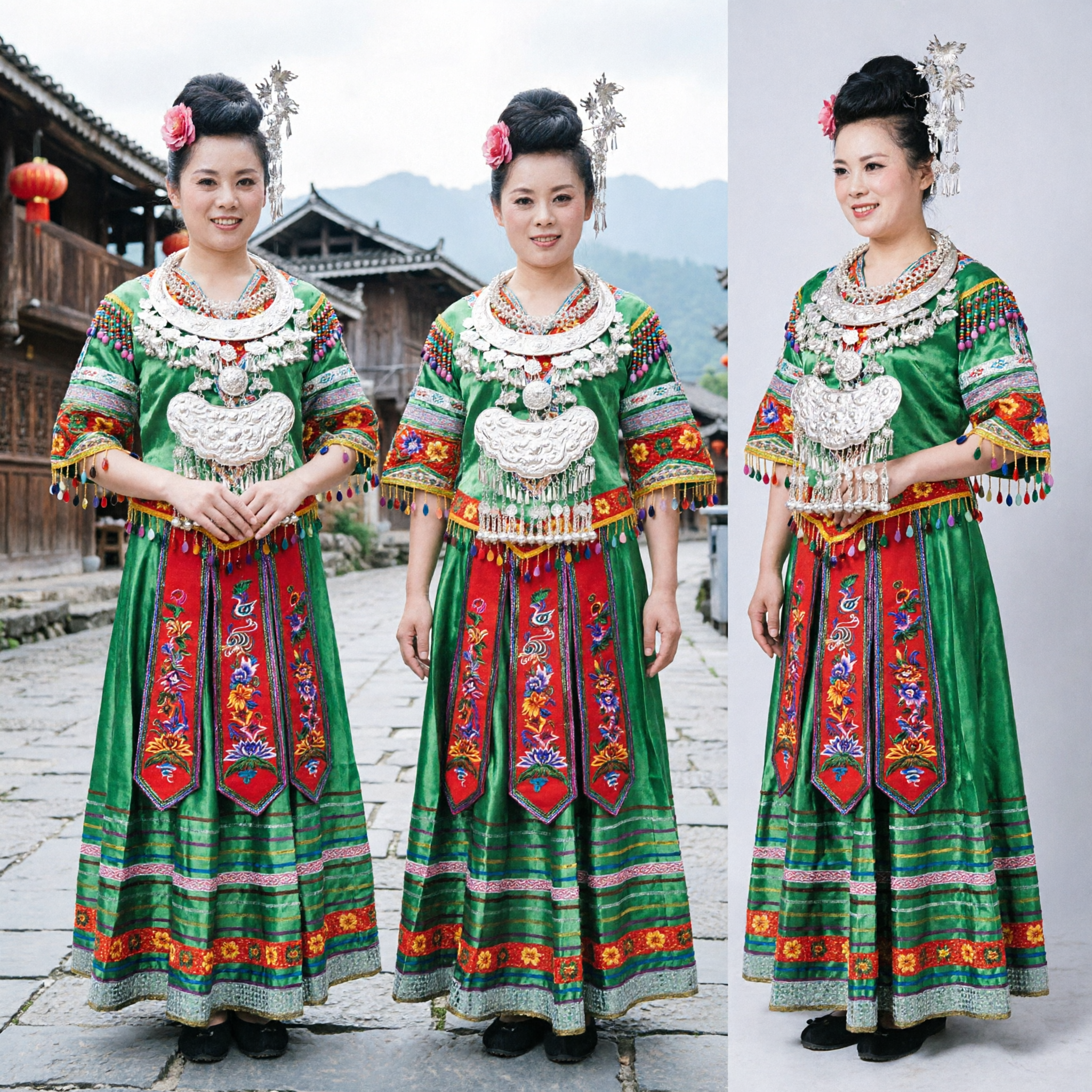Traditional Chinese Miao Ethnic Green Folk Dance Costume Complete Set with Silver Jewelry for Women - Asian Costume
