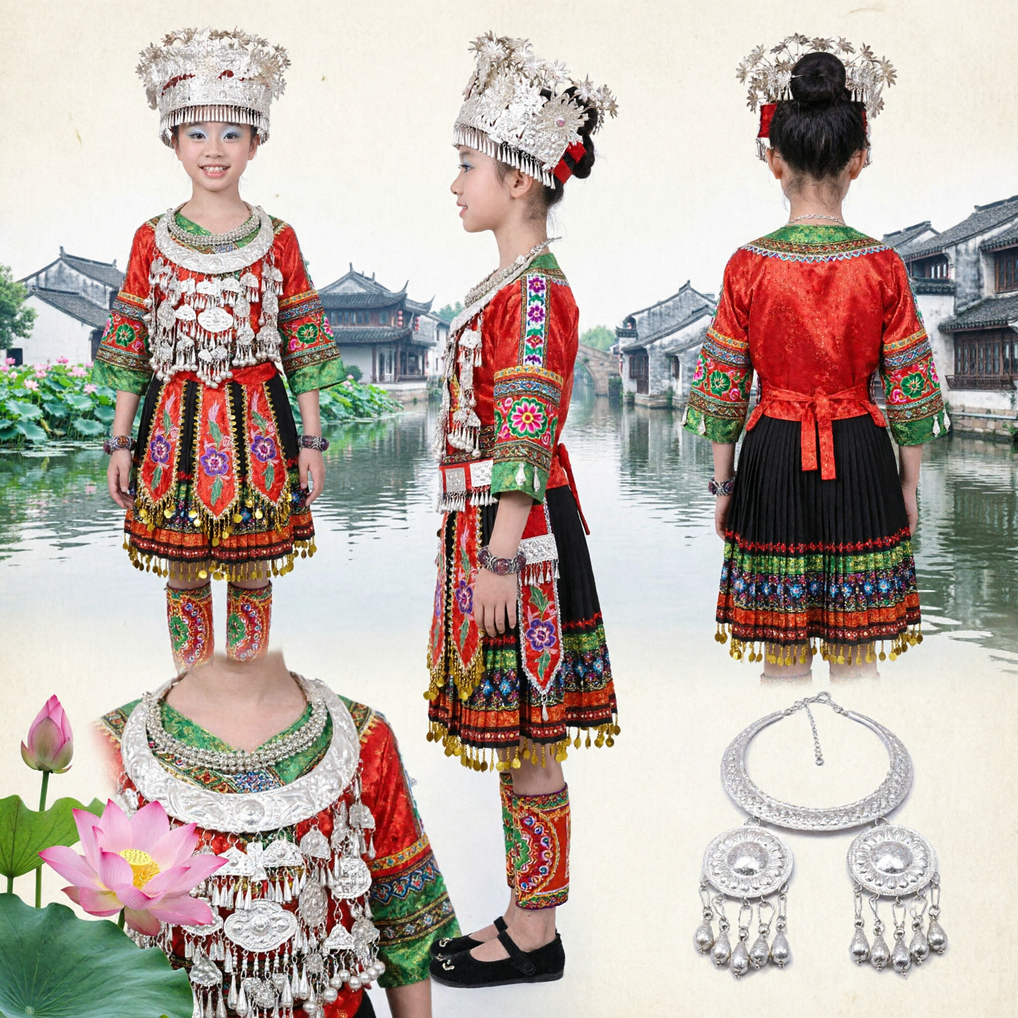 Costume traditionnel de l'ethnie minoritaire Miao chinoise, robe de performance de danse folklorique pour filles, ensemble complet avec coiffe en argent - Asian Costume