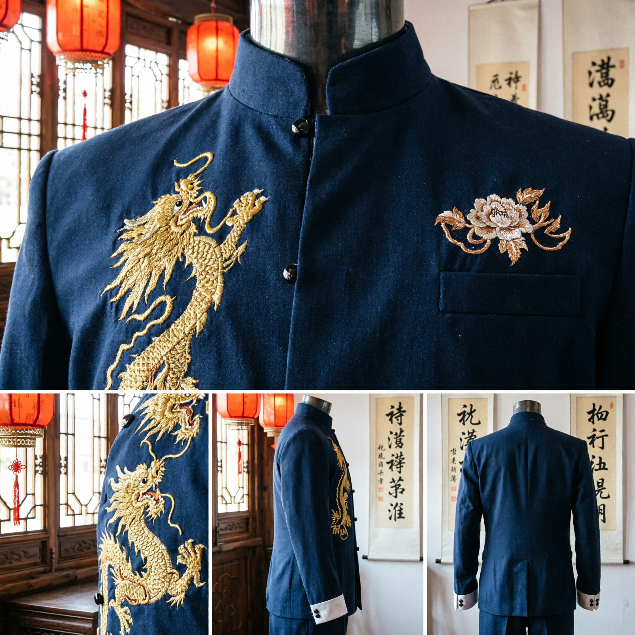 Giacca da Uomo Tang Suit Cinese Nero Ricamo Drago Oro Colletto Mandarino Abbigliamento Tradizionale da Sposo - Asian Costume