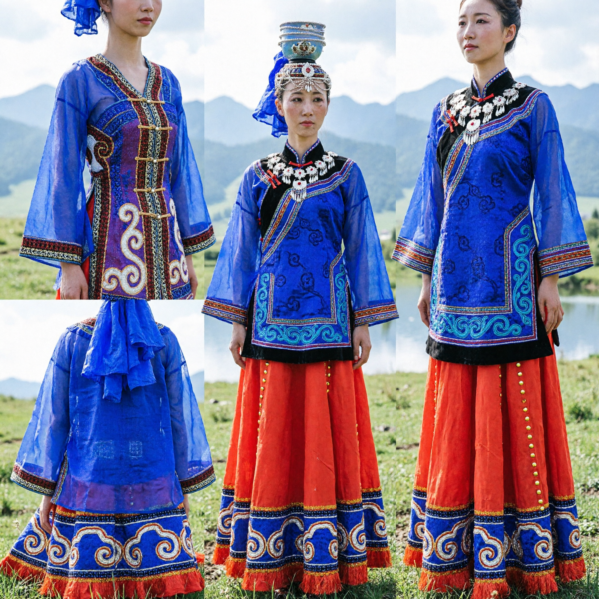 Costume de Danse Folklorique Mongol Traditionnel Femme Haut Bleu Jupe Rouge Tenue de Scène pour Danse du Bol - Asian Costume