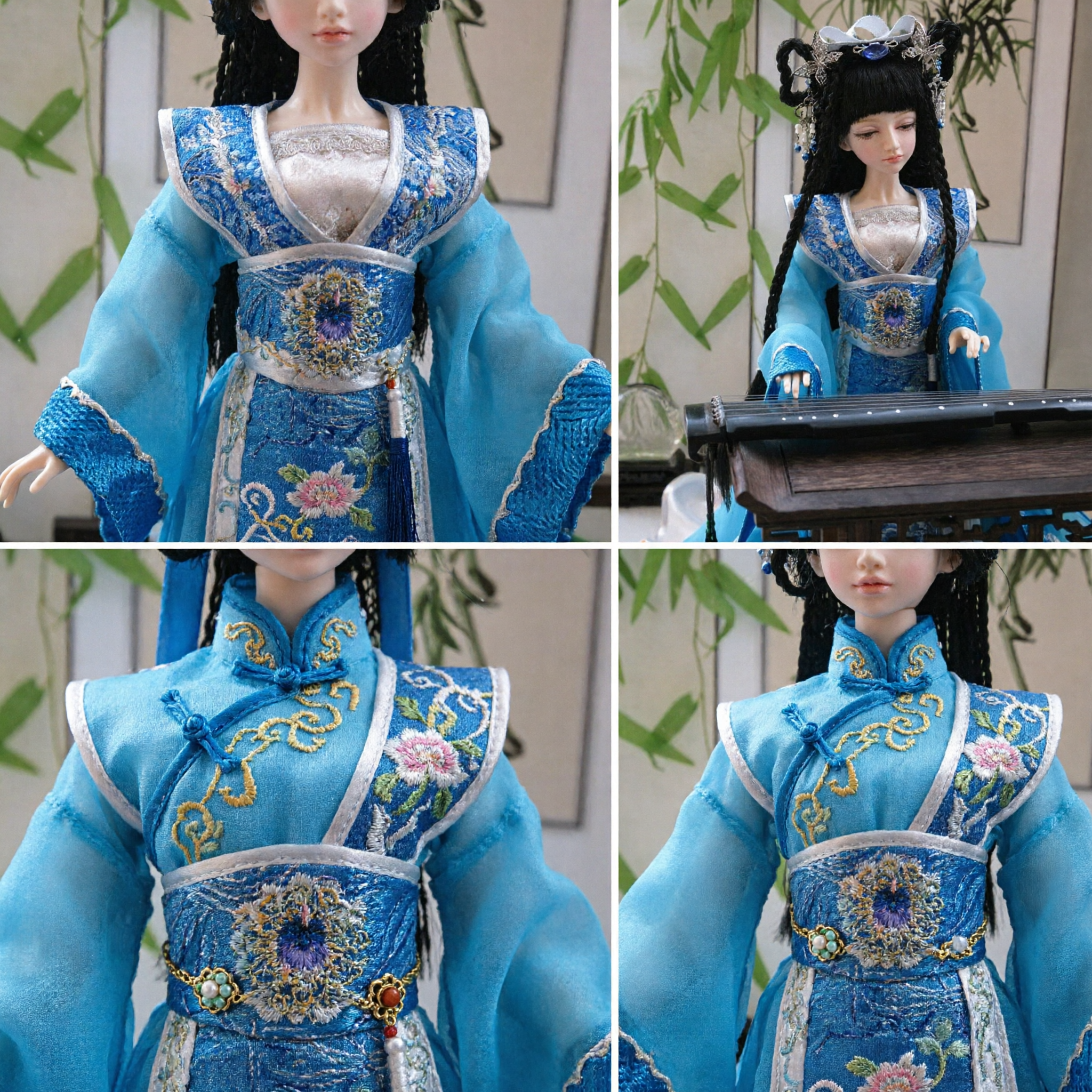 Traditionelles chinesisches antikes blaues Hanfu-Kostüm für Sammelpuppen Komplettset mit Guqin und Kopfschmuck - Asian Costume