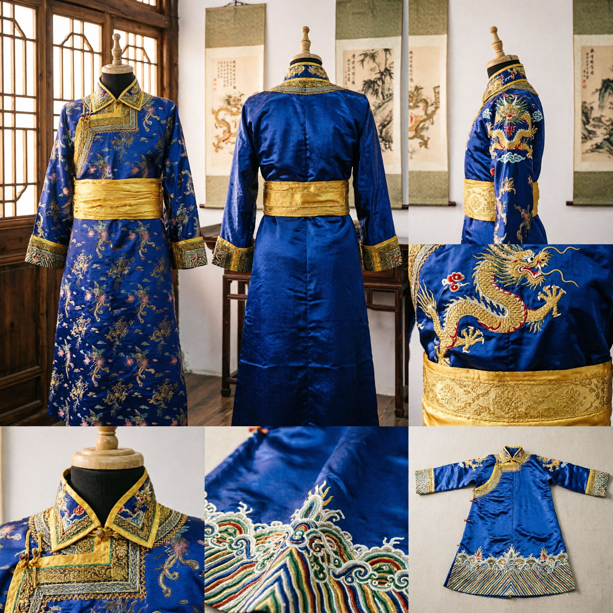 Veste Tradizionale Mongola Blu Reale con Fascia Dorata e Ricamo di Drago per Spettacoli di Danza Folkloristica Maschile - Asian Costume