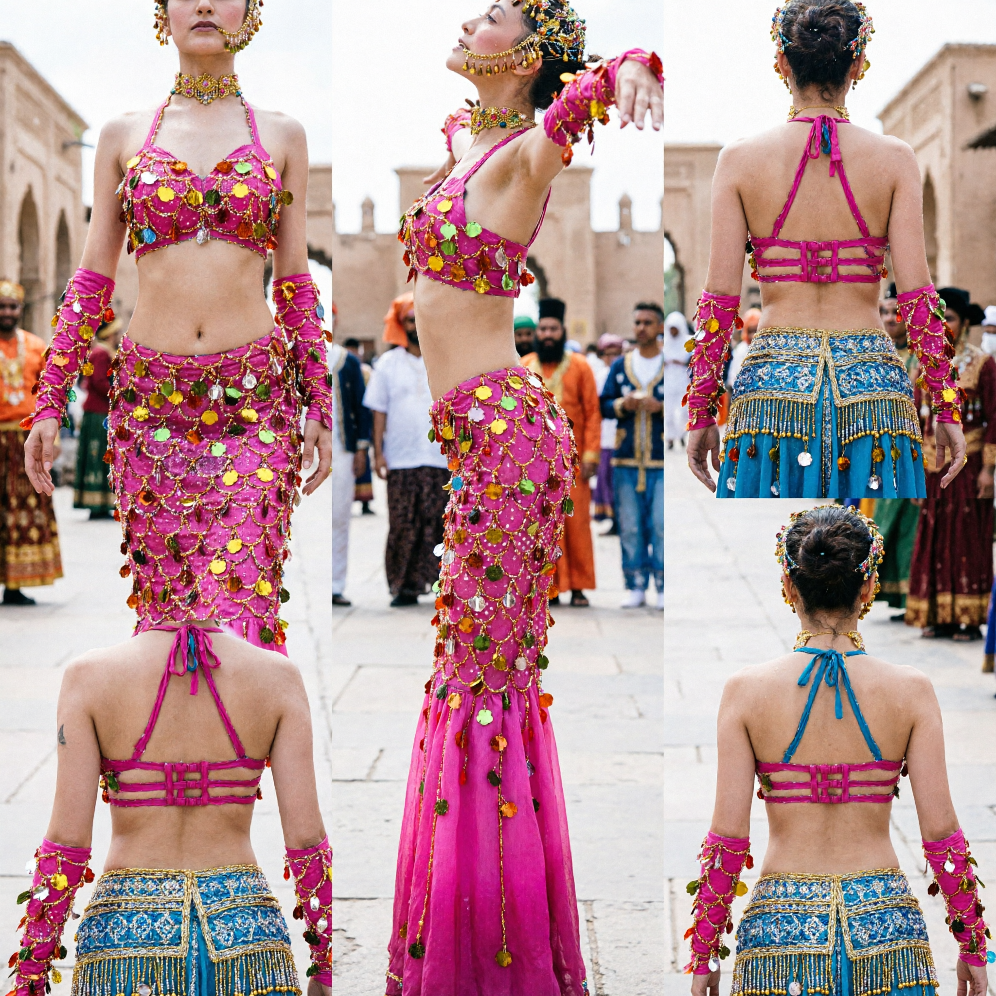 Vibrant Pink Sequined Exotic Folk Dance Costume for Women Stage Performance Belly Dance Style Outfit with Accessories - Asian Costume