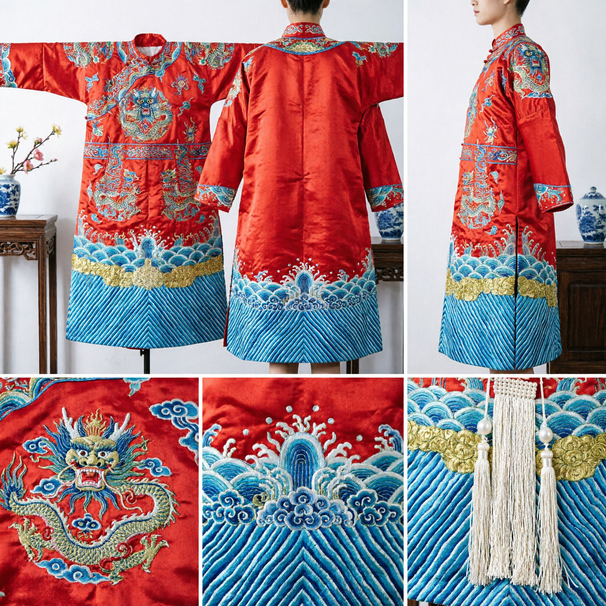 Costume dell'Opera di Pechino Tradizionale Cinese, Veste Rossa del Drago per Uomo, Antico Mang Pao da Generale per Spettacoli sul Palco - Asian Costume