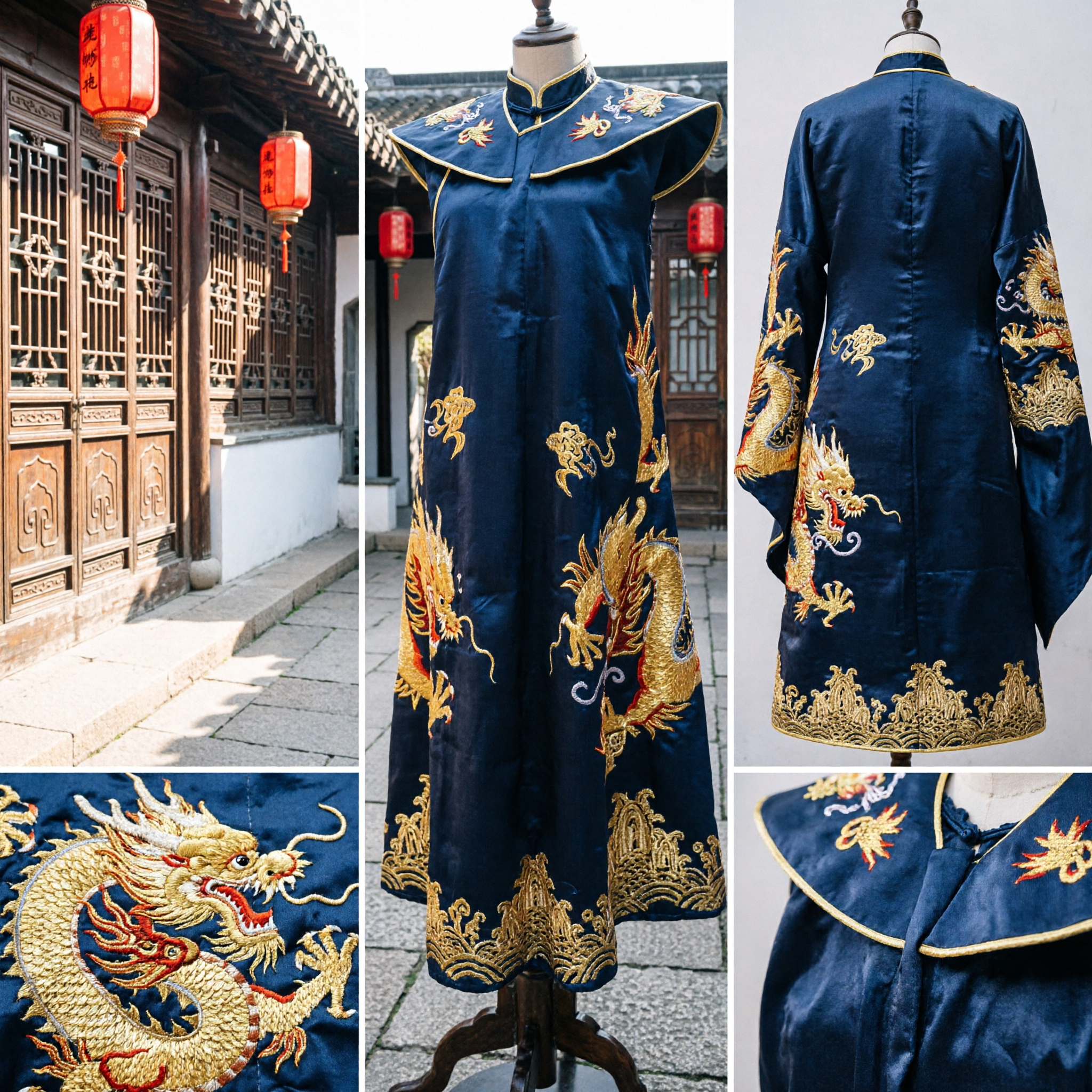 Cape de Dragon Noire Traditionnelle Chinoise pour Hommes, Broderie Dorée sur Satin, Cape Ancienne pour Cosplay - Asian Costume