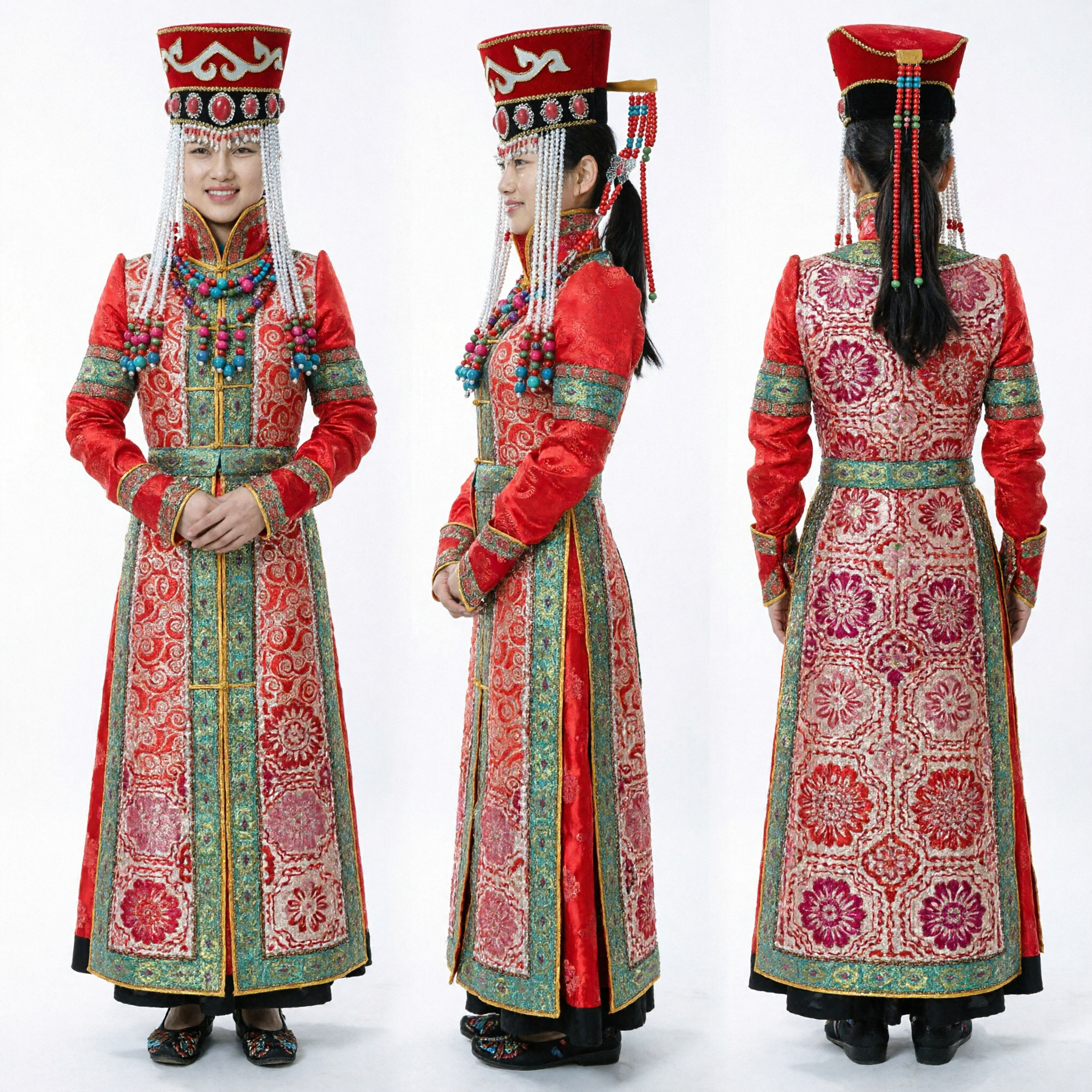 Tradycyjna mongolska czerwona suknia ślubna dla kobiet z ozdobnym nakryciem głowy i zestawem biżuterii koralikowej - Asian Costume