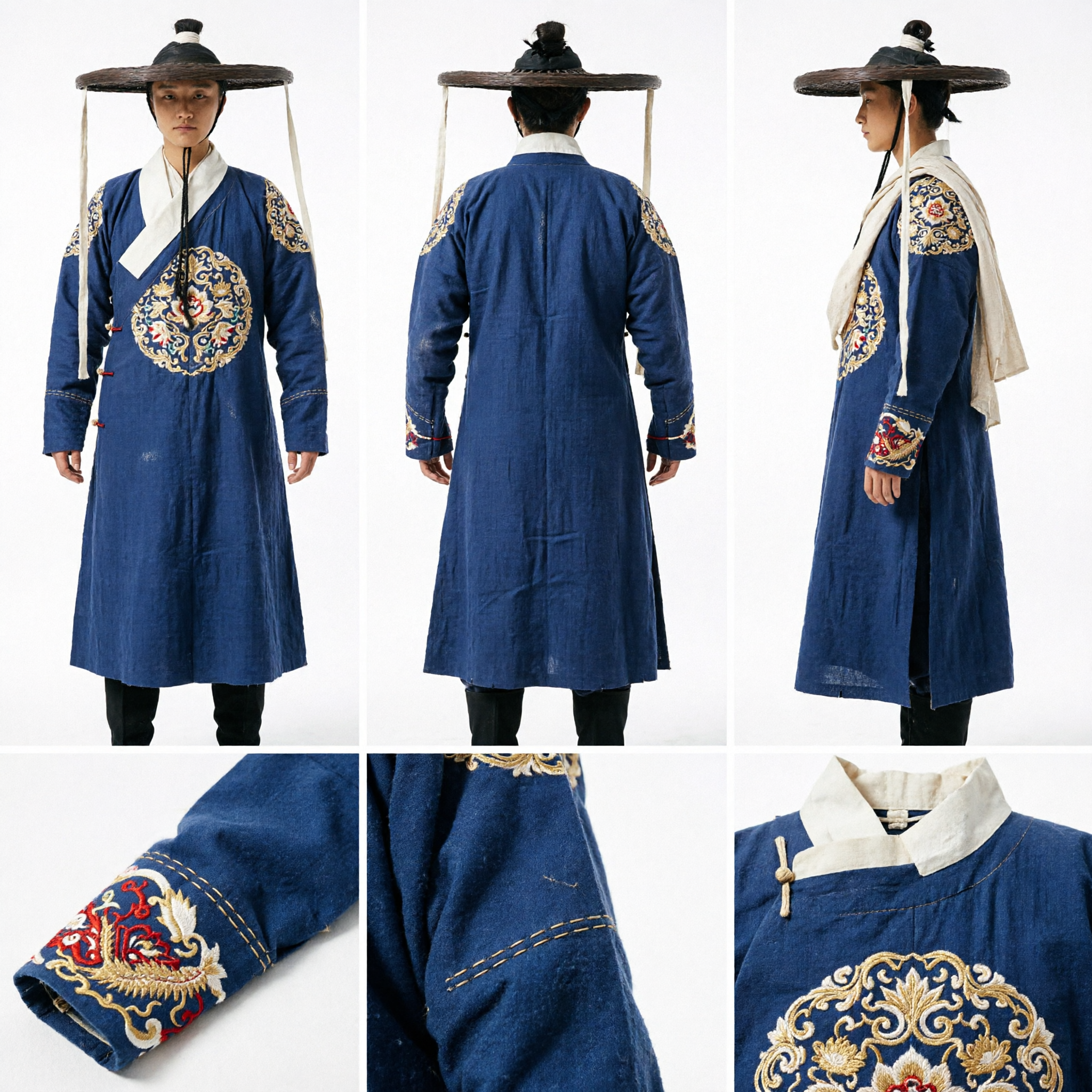 Traje Tradicional Chinês Antigo de Viajante, Conjunto de Robe Azul e Chapéu de Aba Larga para Filmes de Artes Marciais e Cosplay - Asian Costume
