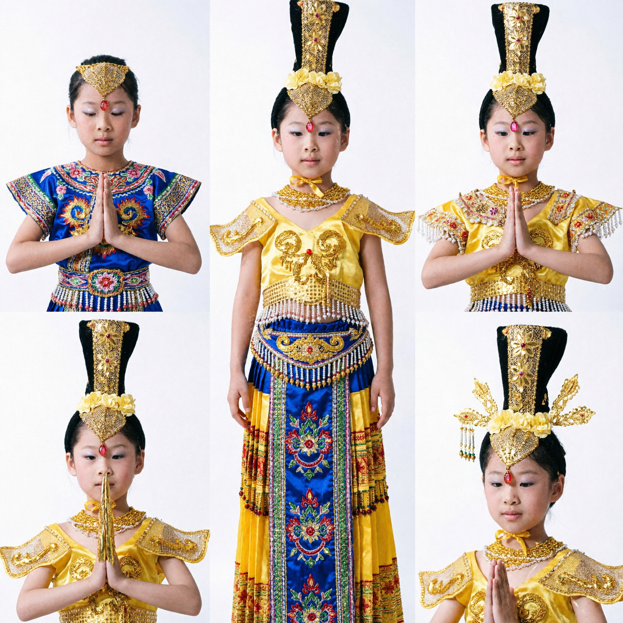 Traje de Dança Tradicional Chinês para Meninas Crianças, Conjunto de Palco Amarelo Dourado com Lantejoulas e Adereço Elaborado - Asian Costume