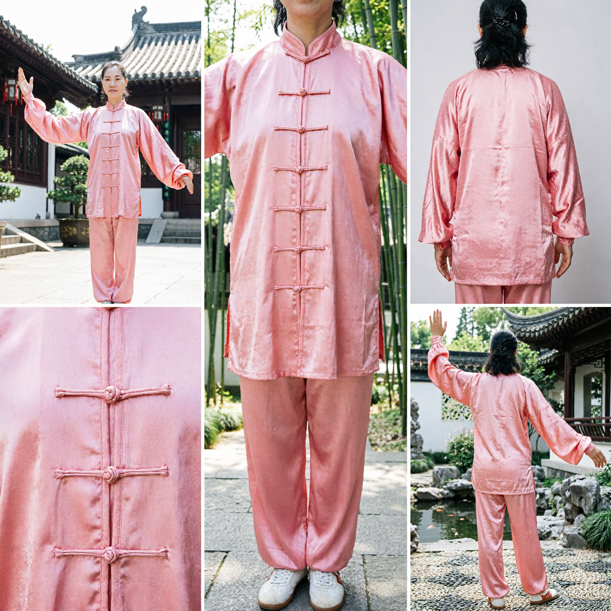 Women's Pink Silk Tai Chi Kung Fu Uniform Traditional Martial Arts Clothing Set for Practice - Asian Costume