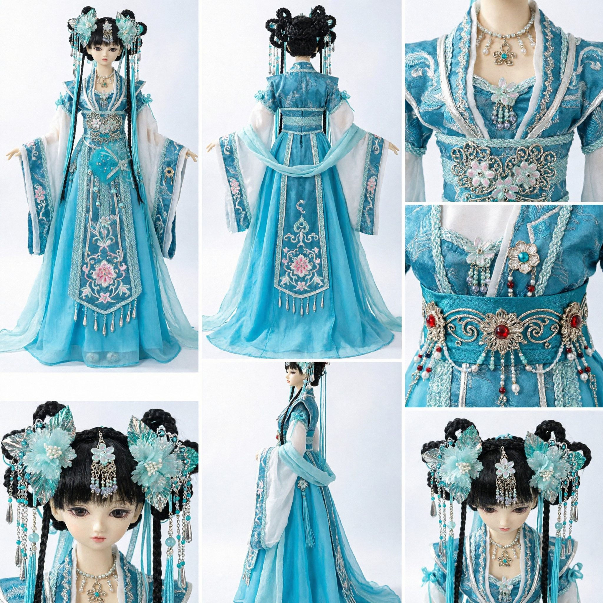 Exquisite blauwe Hanfu kostuum voor BJD poppen traditionele Chinese fee aankleed set met haar sieraden - Asian Costume