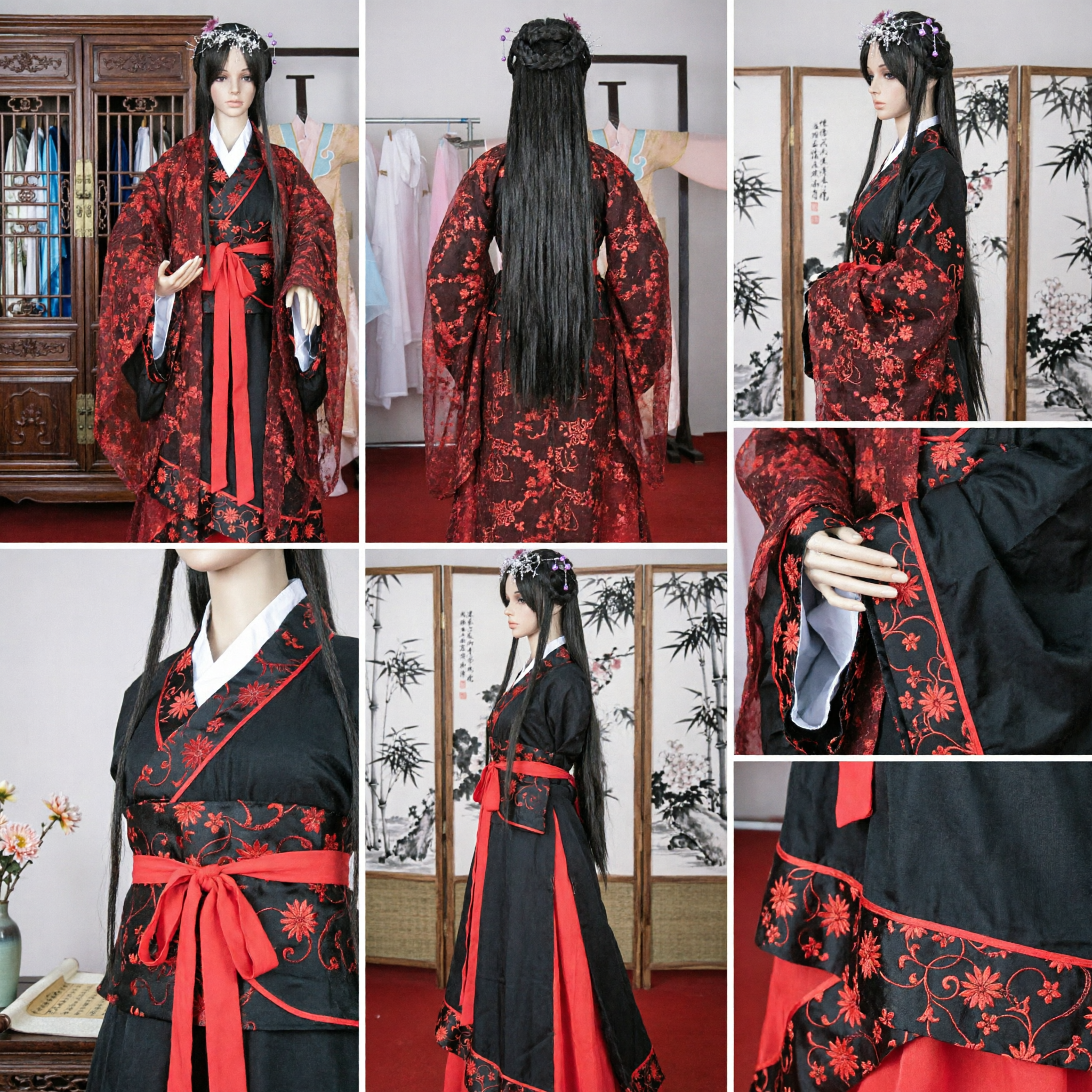 Hanfu tradizionale cinese nero e rosso con ricamo floreale, antico costume da principessa per donne per spettacoli - Asian Costume