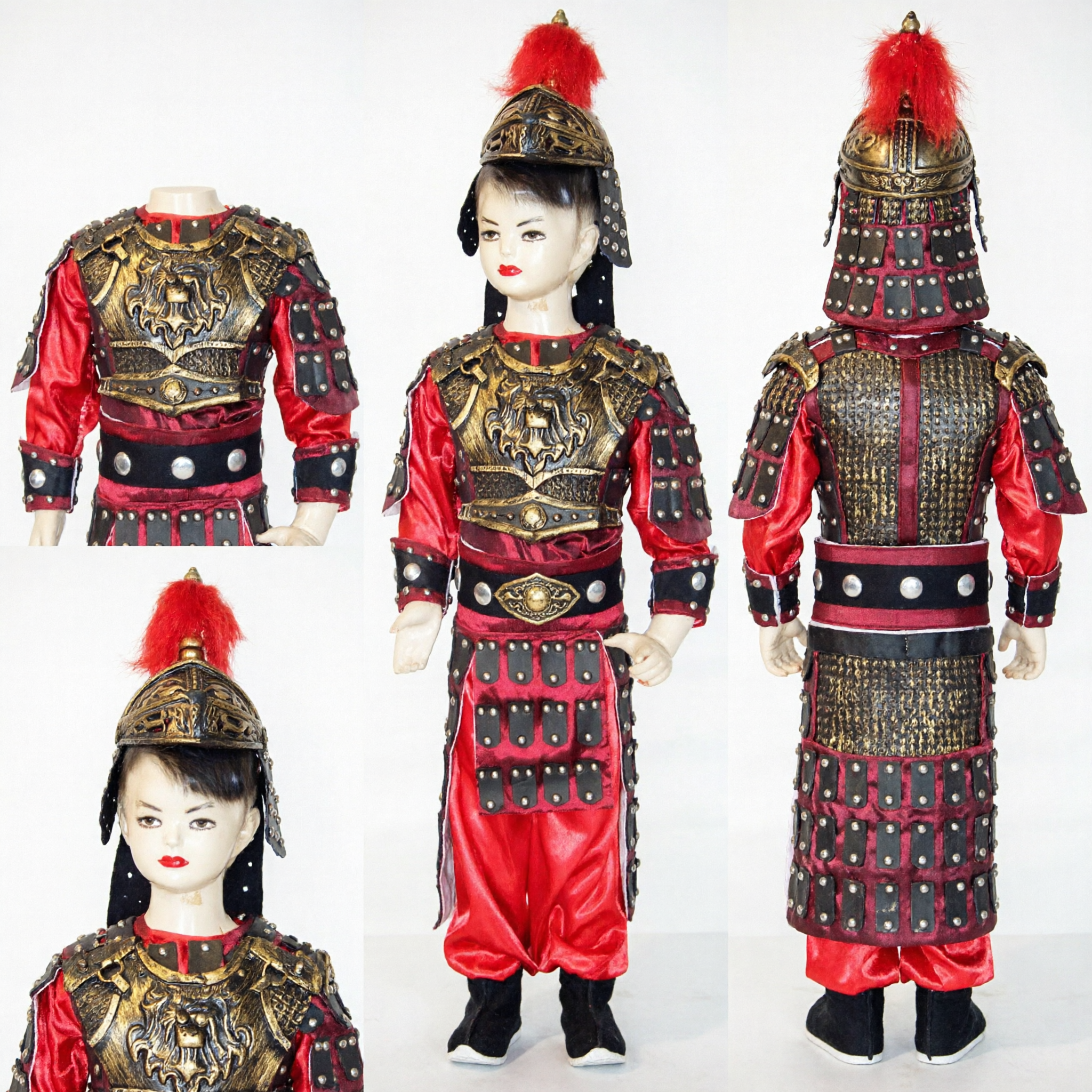 Traje de Armadura de Guerrero General Antiguo Chino para Niños, Conjunto Rojo y Dorado para Interpretación en Escenario de Ópera de Pekín, Halloween y Cosplay - Asian Costume
