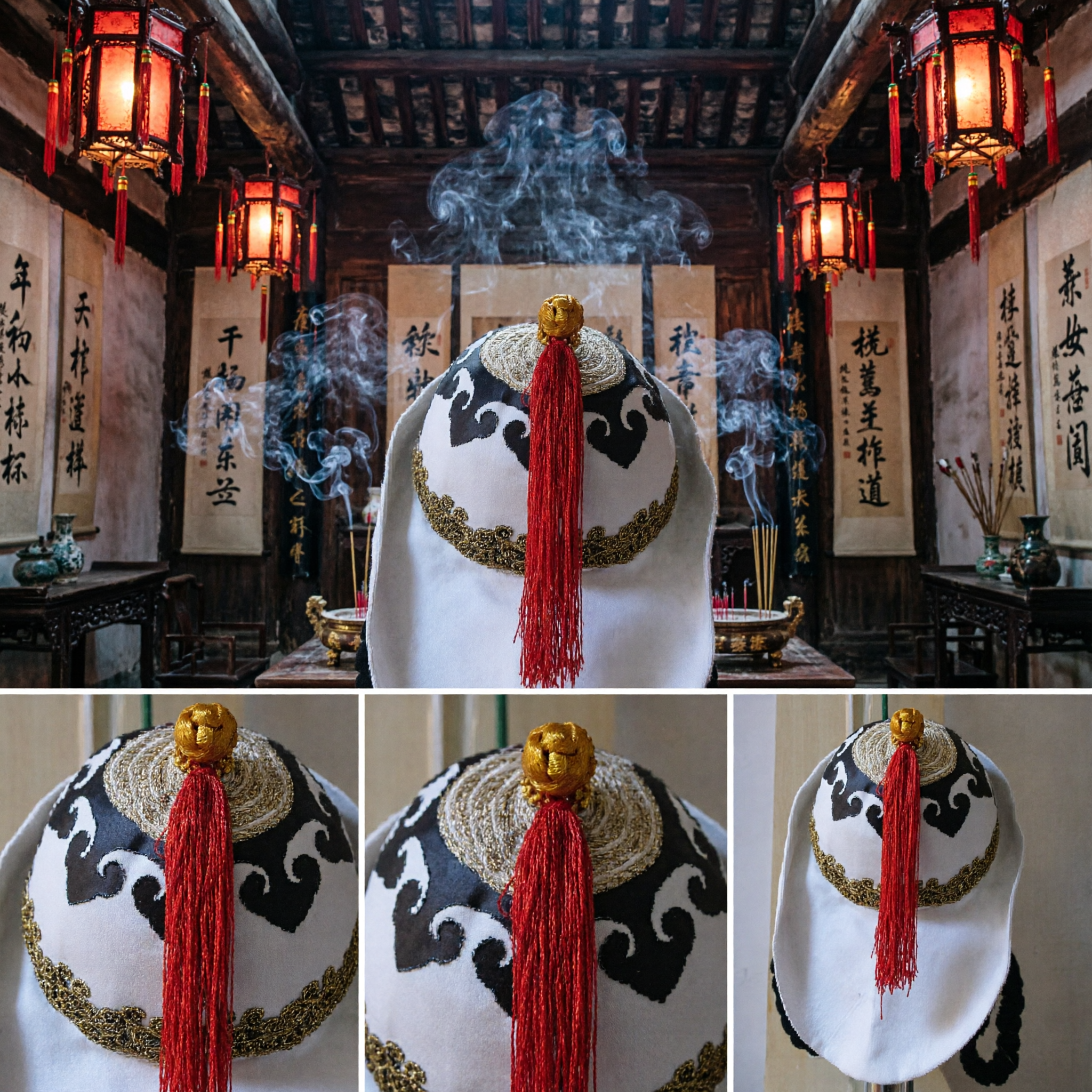 Cappello etnico tradizionale cinese mongolo con nappa rossa e bordi dorati per costume danza folkloristica e festival - Asian Costume