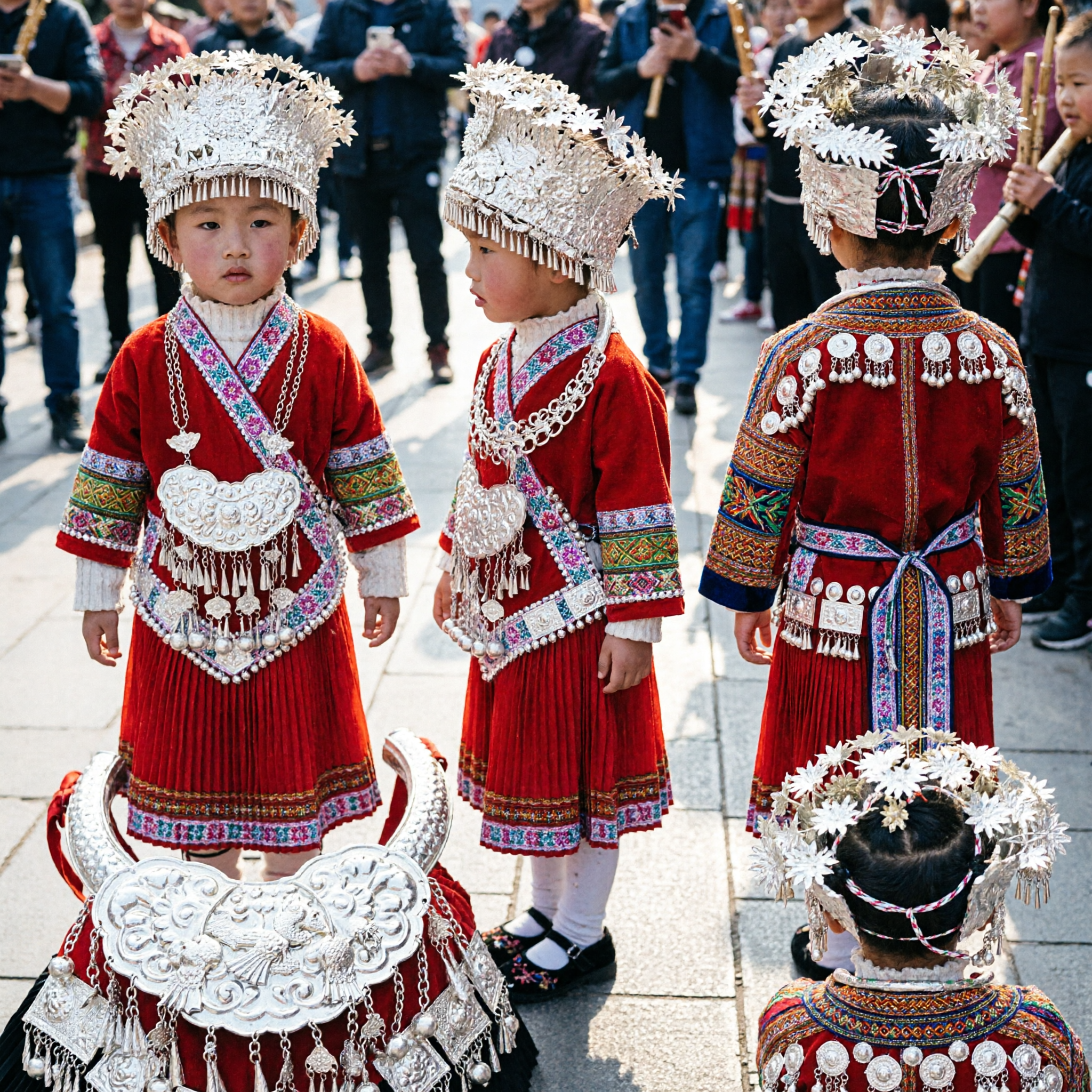Традиционный китайский костюм народа мяо для детей, полный комплект с серебряным головным убором для выступлений в народных танцах - Asian Costume
