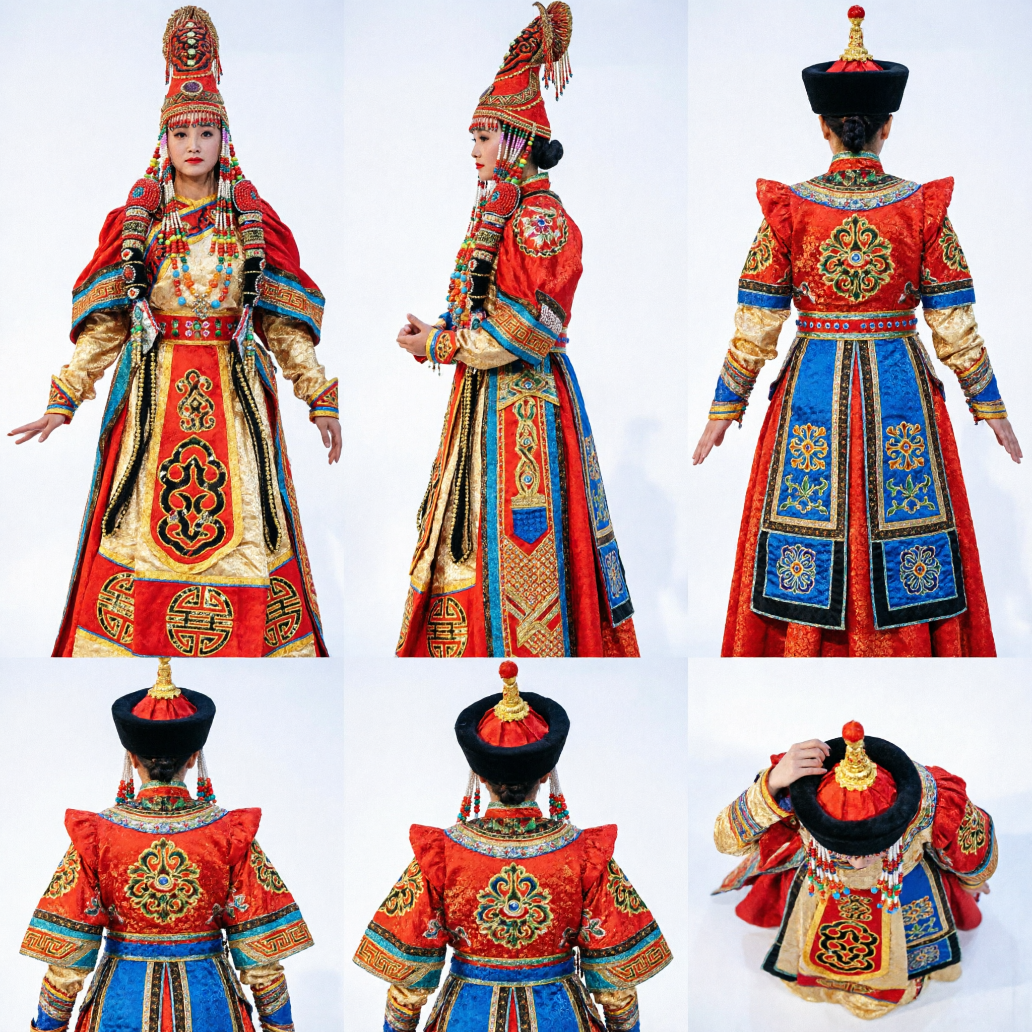 Costume da palco etnico tradizionale mongolo per donna Veste ricamata rosso oro e copricapo per spettacolo danza folkloristica - Asian Costume