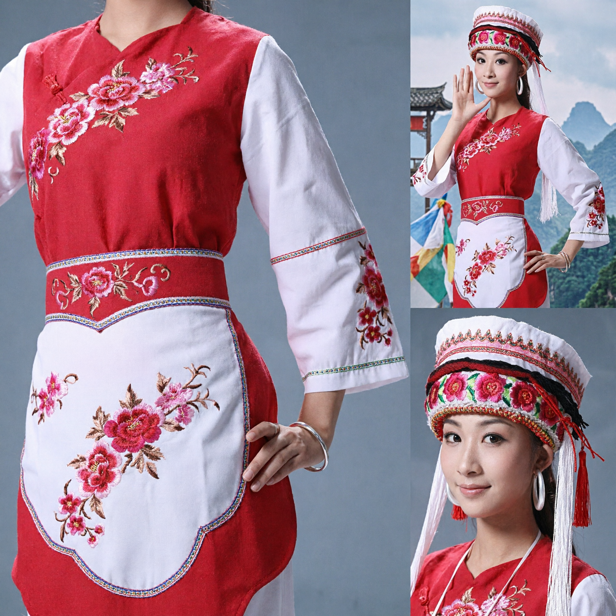 Traditioneel Chinese Bai Nationaliteit Volksdans Kostuum Rood en Wit Geborduurde Optreden Outfit voor Vrouwen - Asian Costume