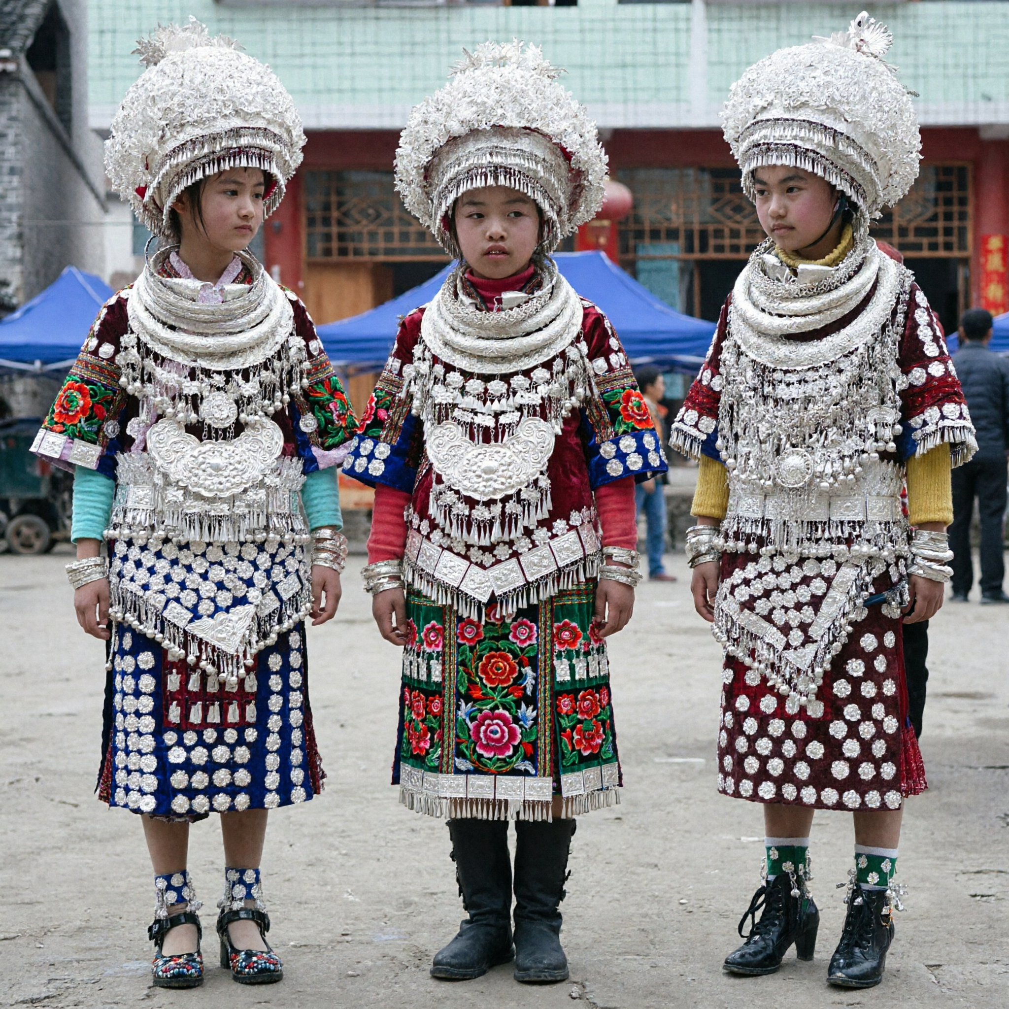 伝統中国ミャオ族銀髪飾り刺繍衣装セット 少女祭り舞踊用 - Asian Costume