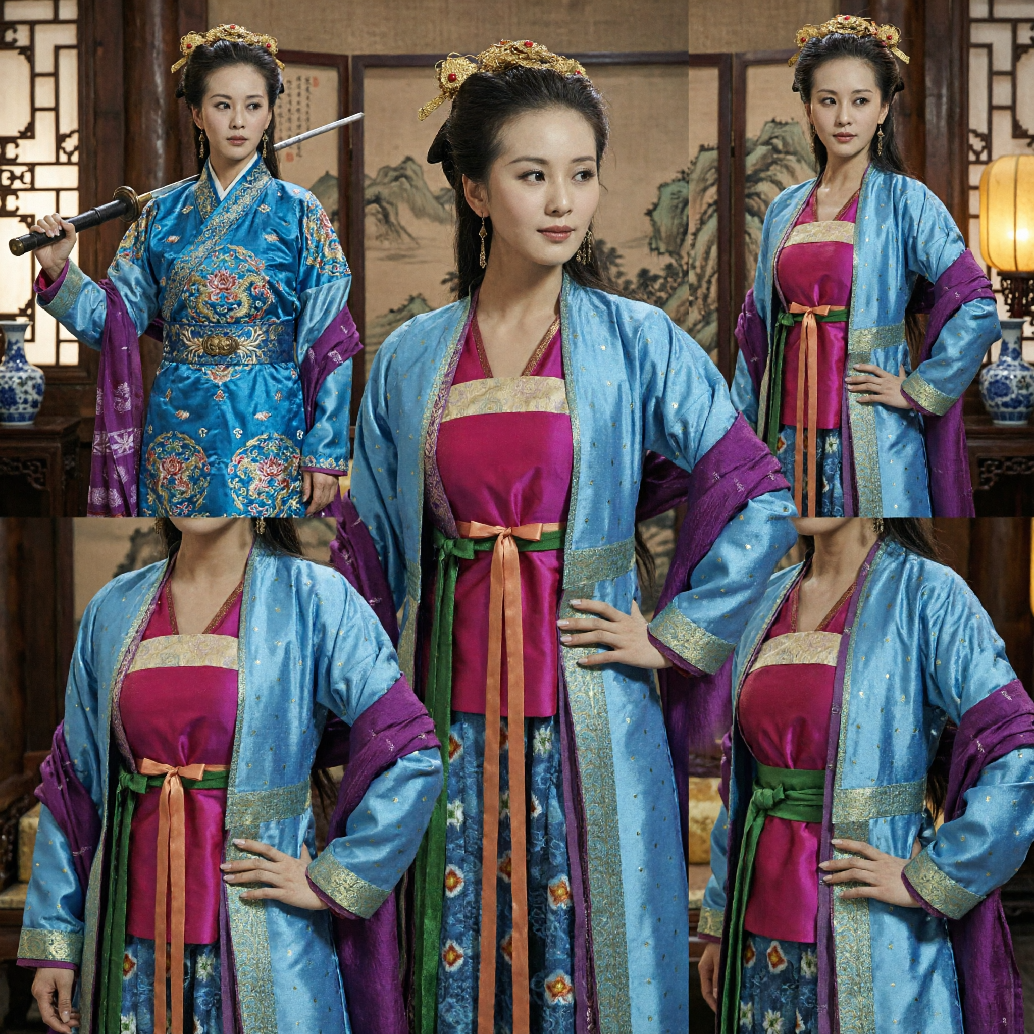 Traditionelles chinesisches Tang-Dynastie-Hanfu-Kostüm für Frauen, blau-pinkes Wuxia-Schwertkämpferinnenkleid für Cosplay-Auftritte - Asian Costume