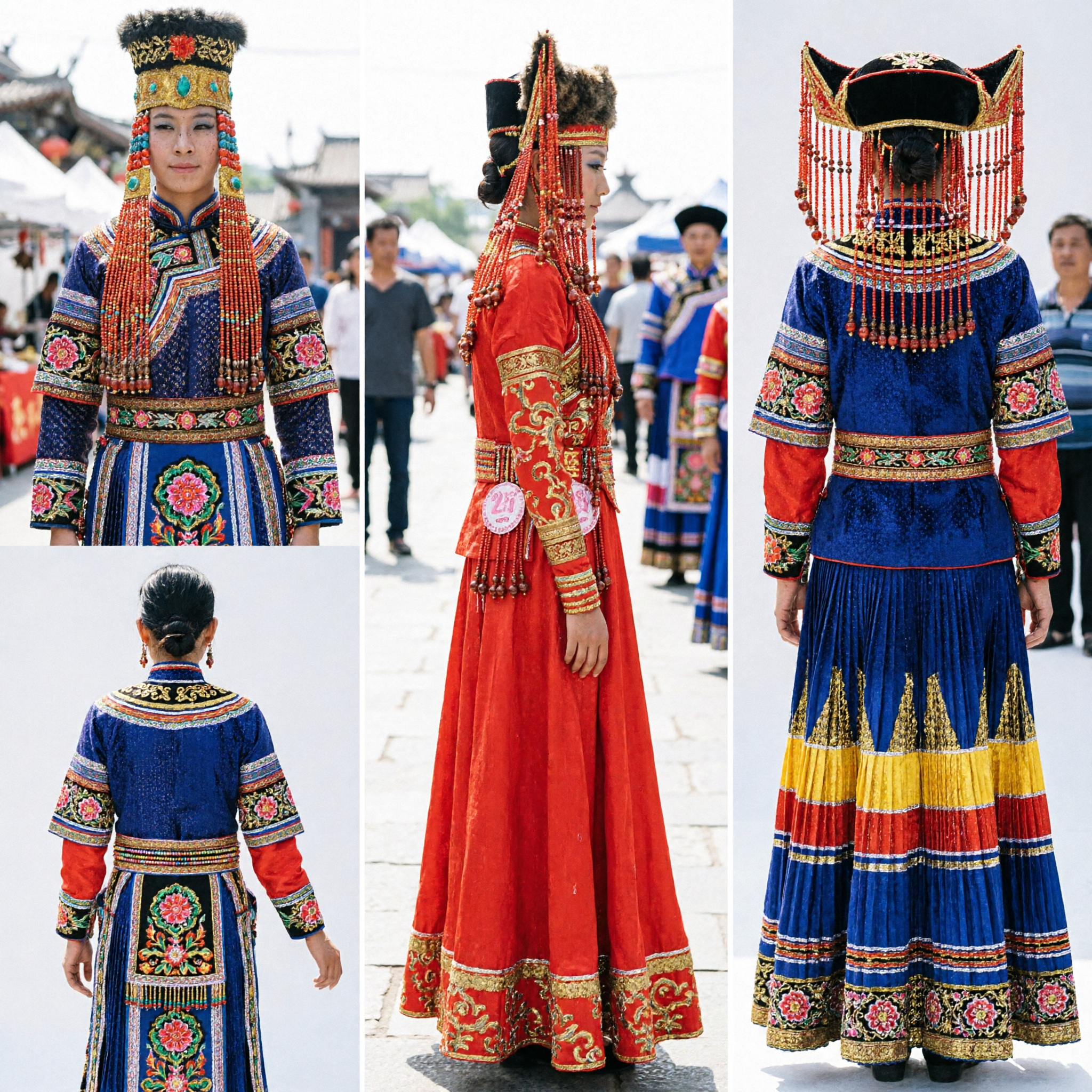 Traje de Presentación Étnico Tradicional Mongol, Conjunto de Vestido de Novia Rojo y Tocado para Mujeres y Niñas - Asian Costume