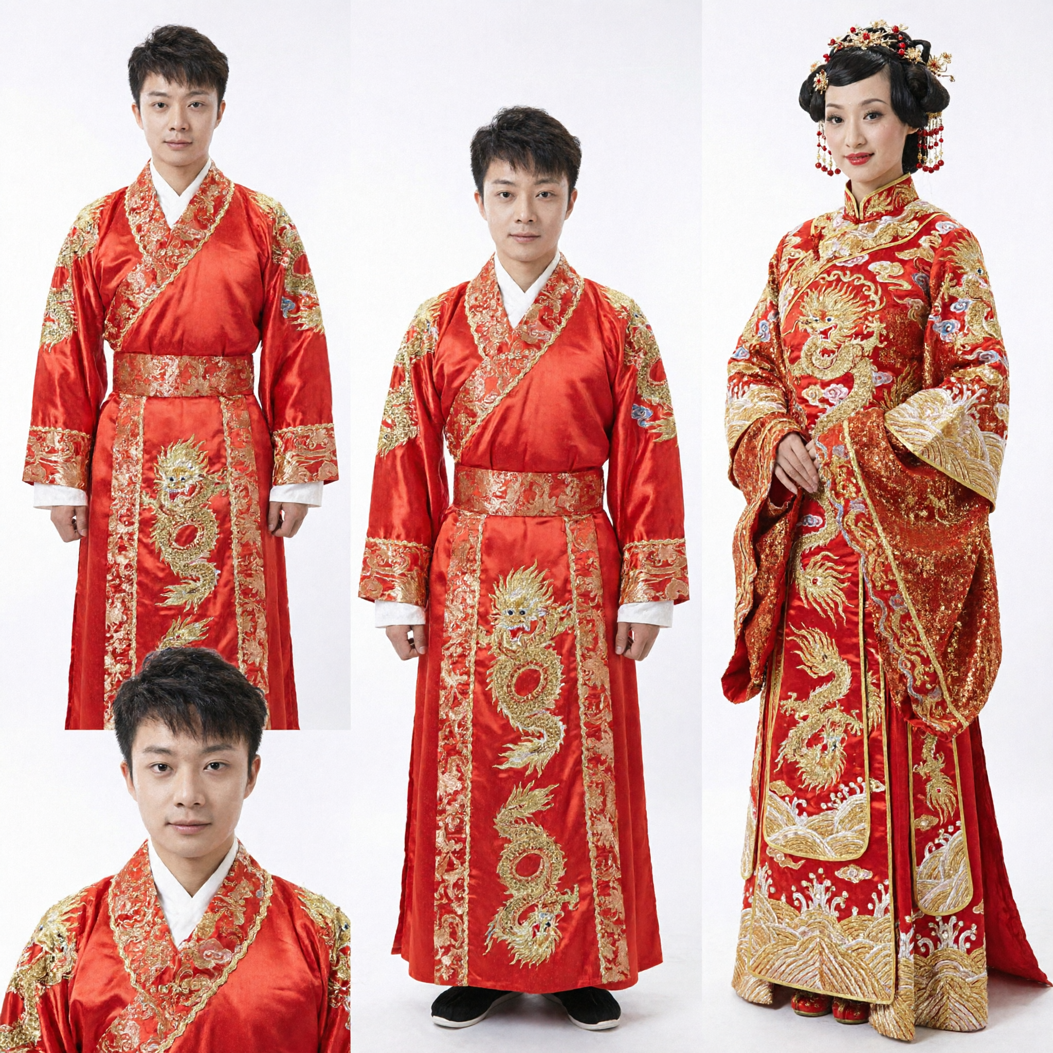 Costumes de mariage traditionnels chinois pour couples, ensemble ancien Hanfu de mariée et marié avec broderie rouge et or - Asian Costume