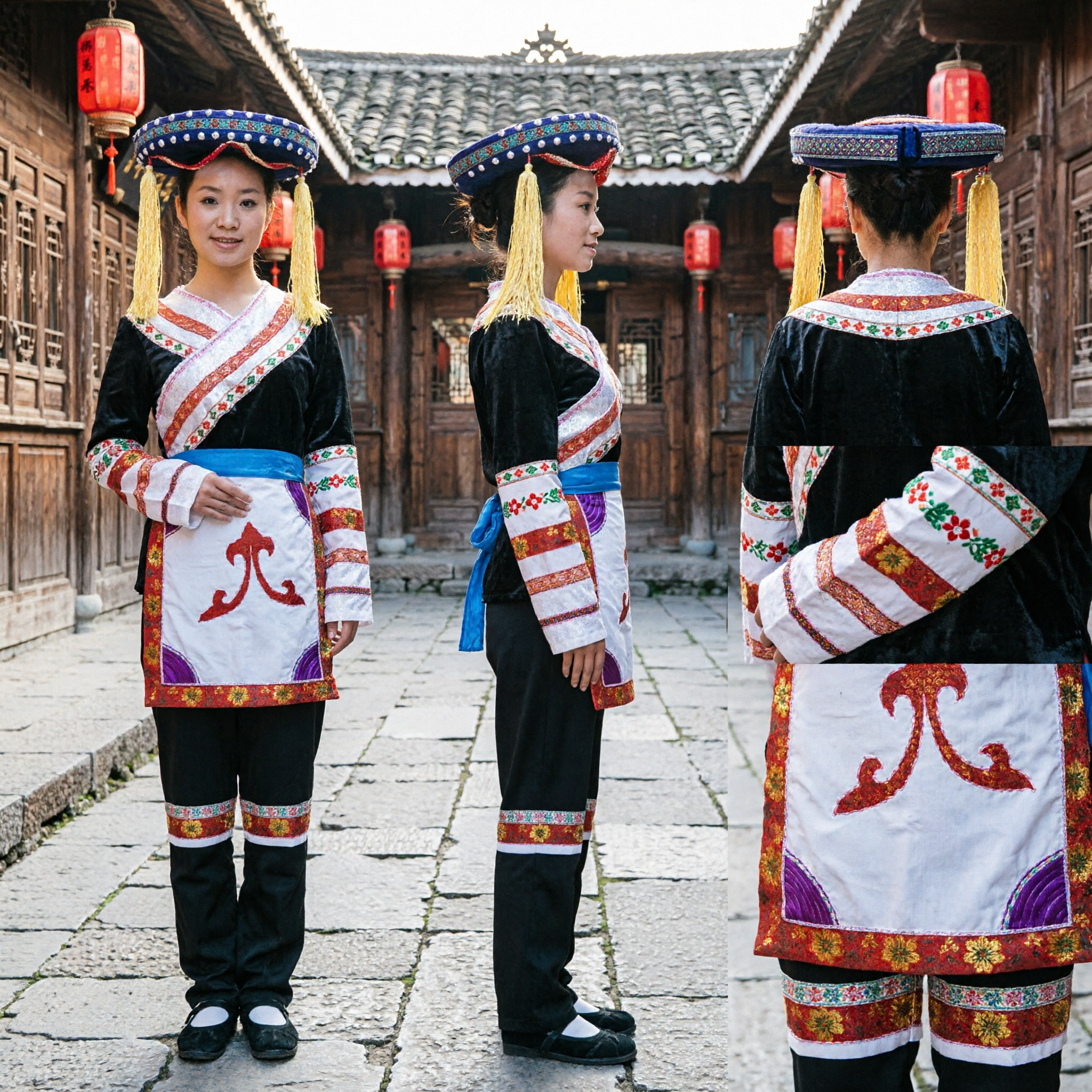 Conjunto Completo de Traje de Dança Folclórica da Minoria Étnica Yi Tradicional Chinês com Chapéu e Avental para Mulheres Performance no Palco - Asian Costume