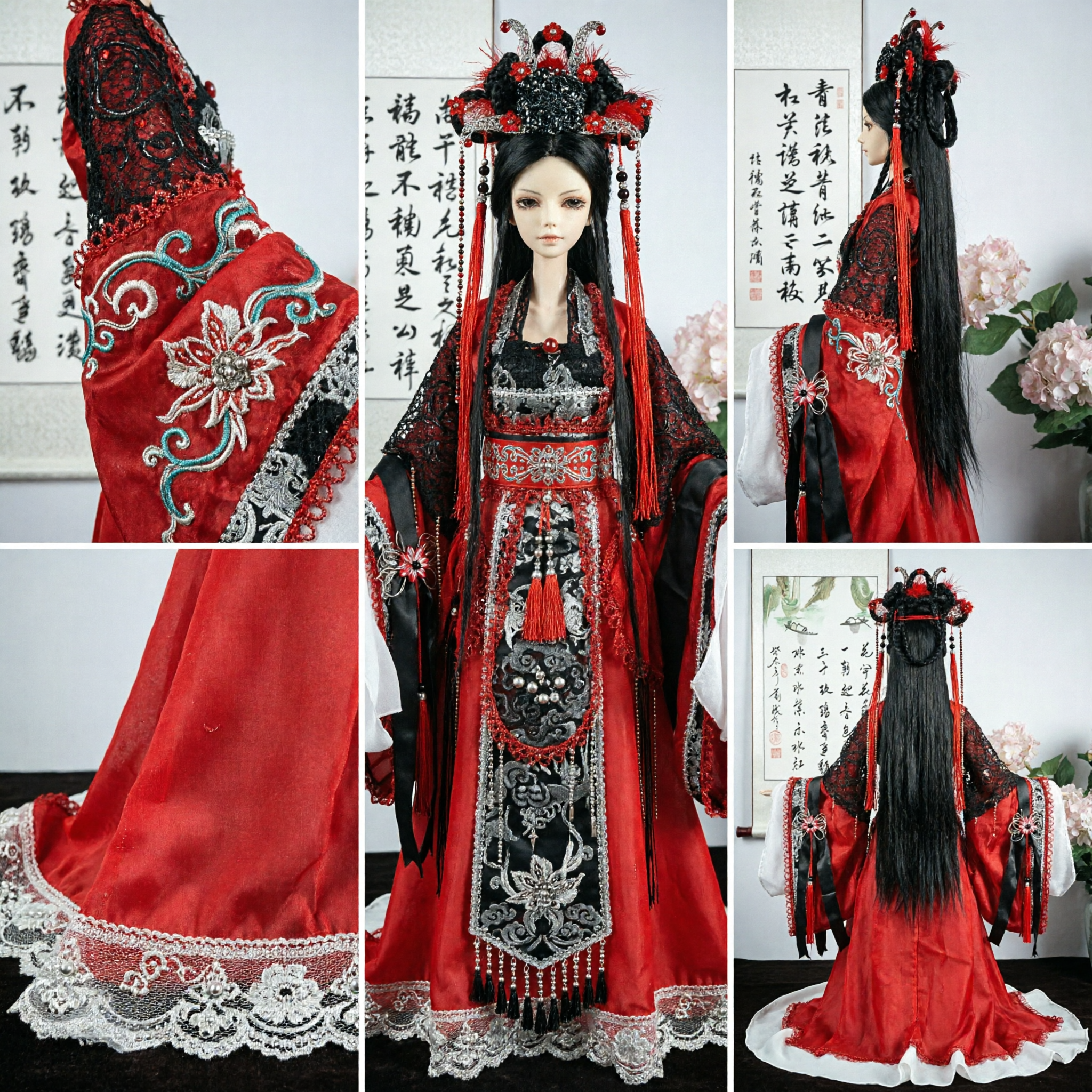 伝統赤黒古代中国Hanfu衣装セット BJD人形用 精巧ヘッドドレス付き - Asian Costume