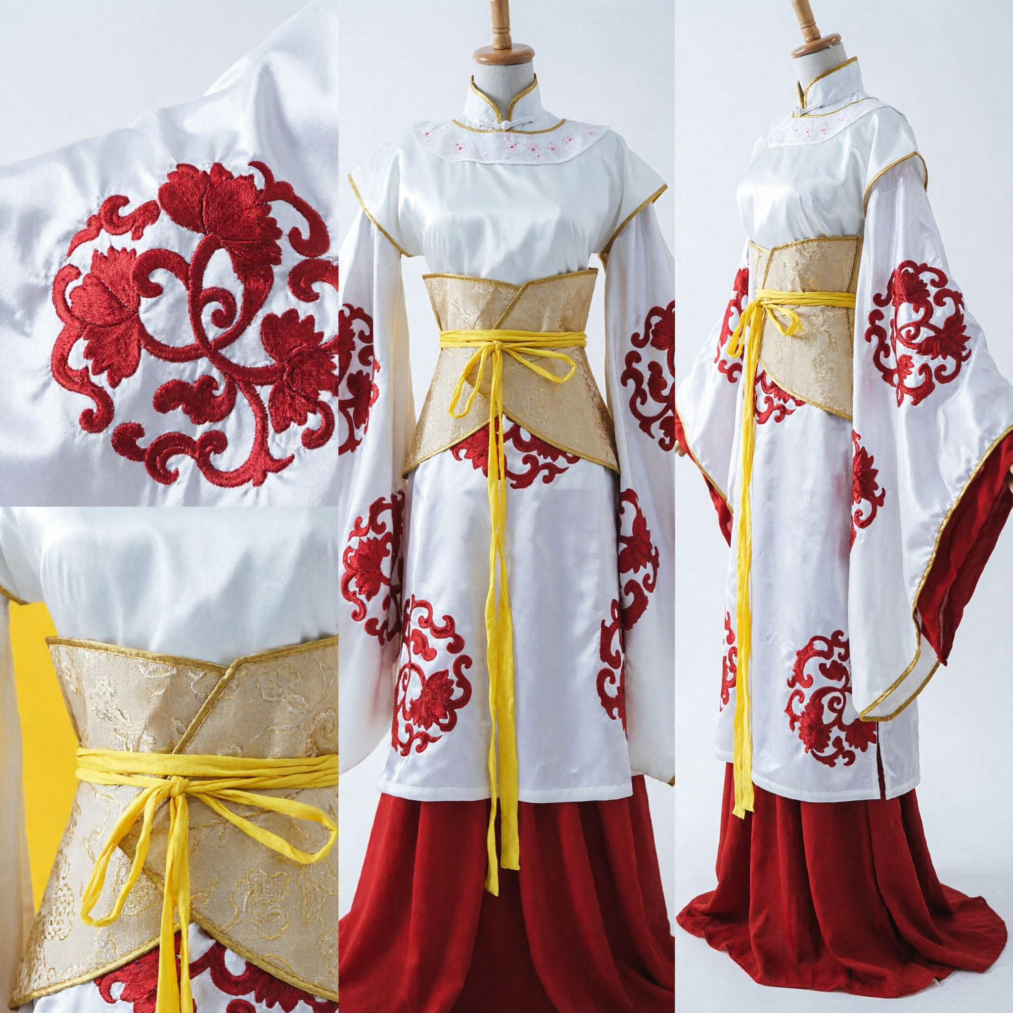 Traje Tradicional Chinês Hanfu Robe Branco Bordado Vermelho Cinto Dourado para Mulheres Cosplay Performance no Palco - Asian Costume