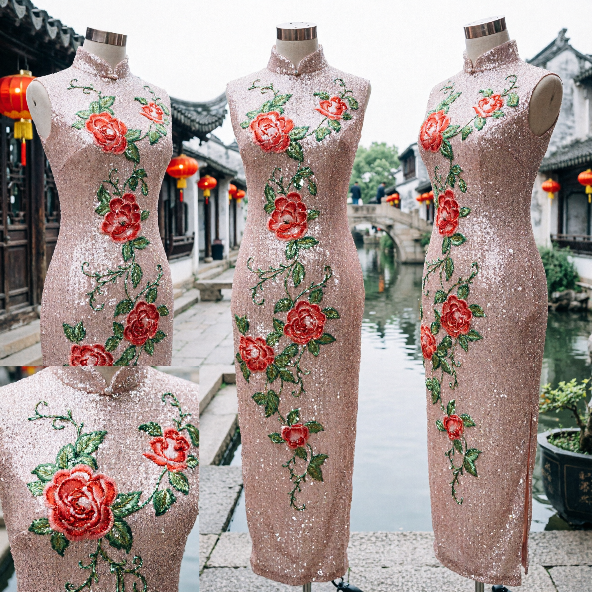 Lśniąca różowa suknia qipao z cekinów z haftem czerwonej peonii, długa formalna suknia wieczorowa dla kobiet - Asian Costume