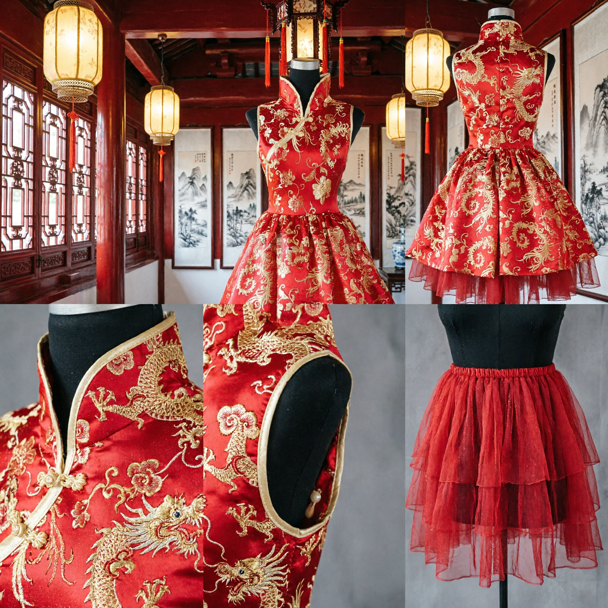 Rotes chinesisches Hochzeitskleid für Damen, ärmelloses Drachen-Phönix-Stickerei-Cheongsam für Bankett-Party - Asian Costume