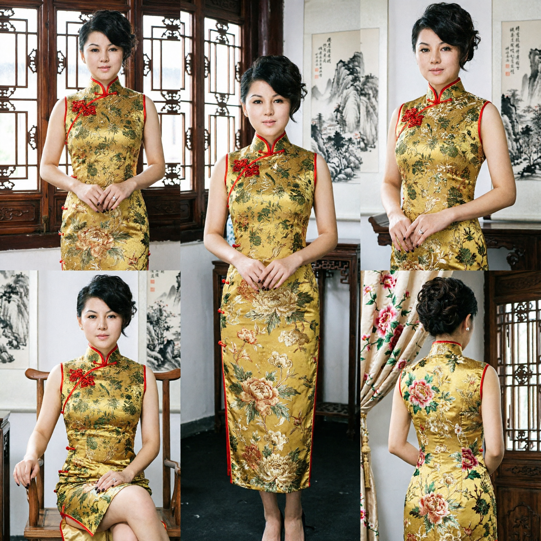 Elegante Qipao Tradicional Chino para Mujer sin Mangas en Brocado Dorado Floral, Vestido Cheongsam para Fiesta y Boda - Asian Costume