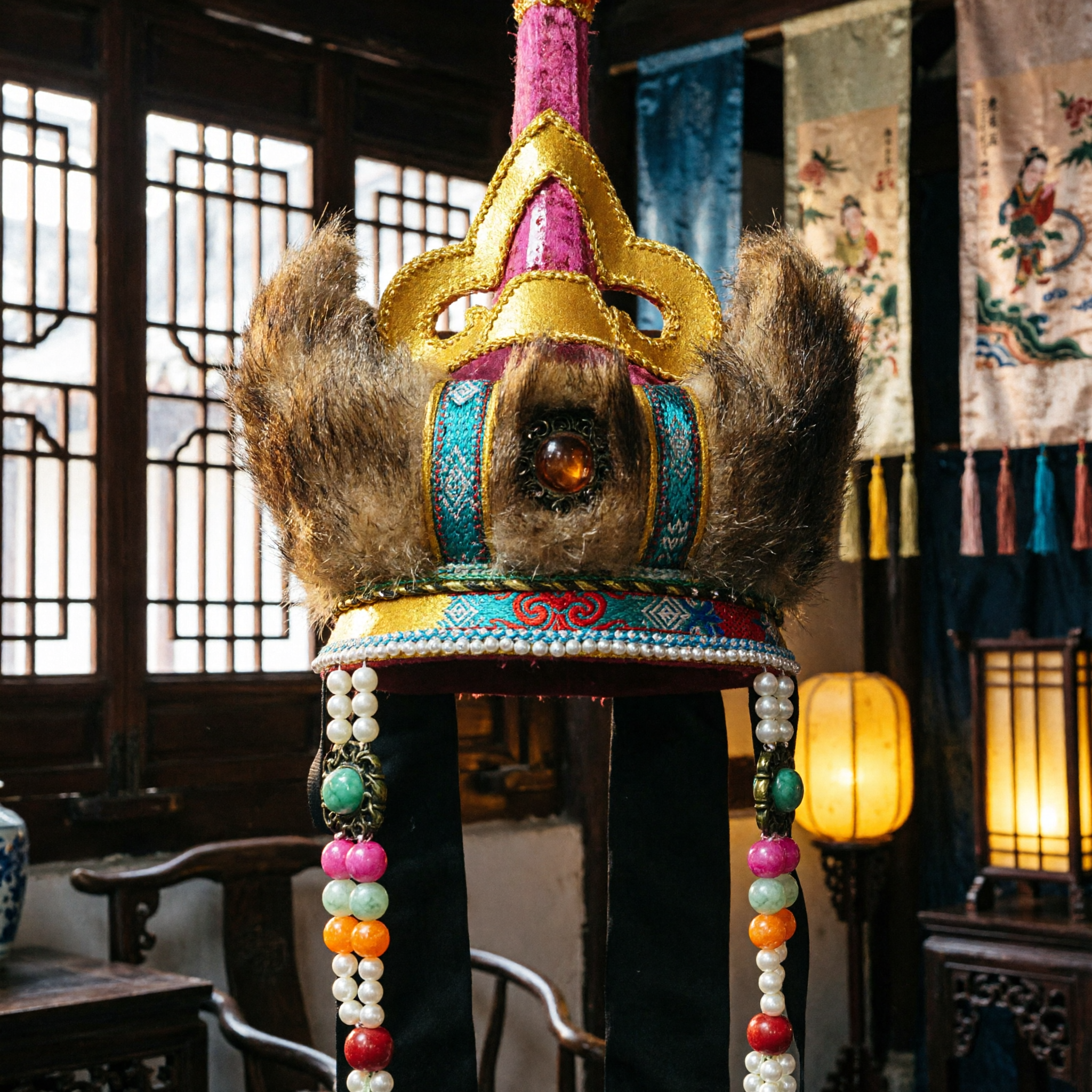 Coroa Tradicional Chinesa Étnica com Pele e Miçangas Coloridas para Traje de Performance de Dança Folclórica no Palco - Asian Costume