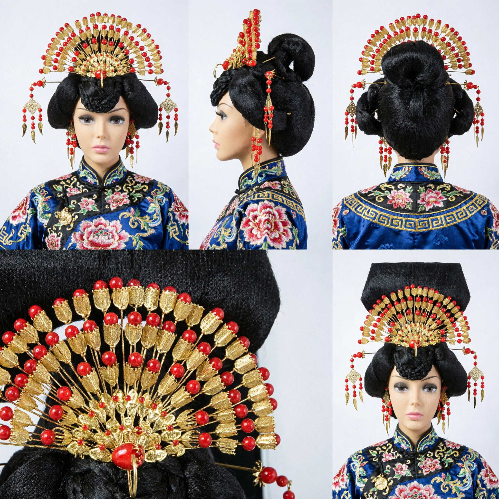 Conjunto de Hairpin de Fênix em Estilo Antigo Chinês Adorno de Cabeça Tradicional Hanfu para Casamento Coroa Vermelha com Miçangas Douradas para Mulheres - Asian Costume