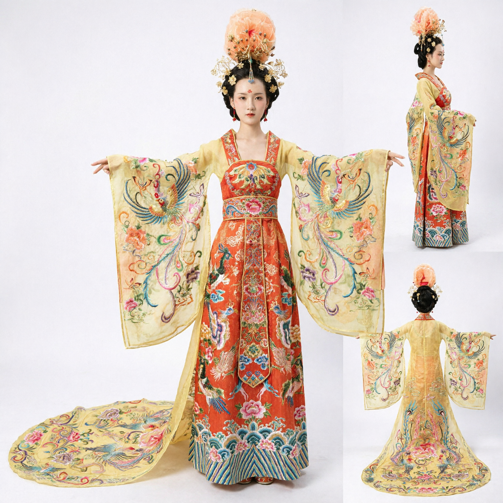 Costume d'impératrice de la dynastie Tang traditionnelle chinoise - Robe Hanfu jaune avec broderie phénix pour performance scénique féminine - Asian Costume