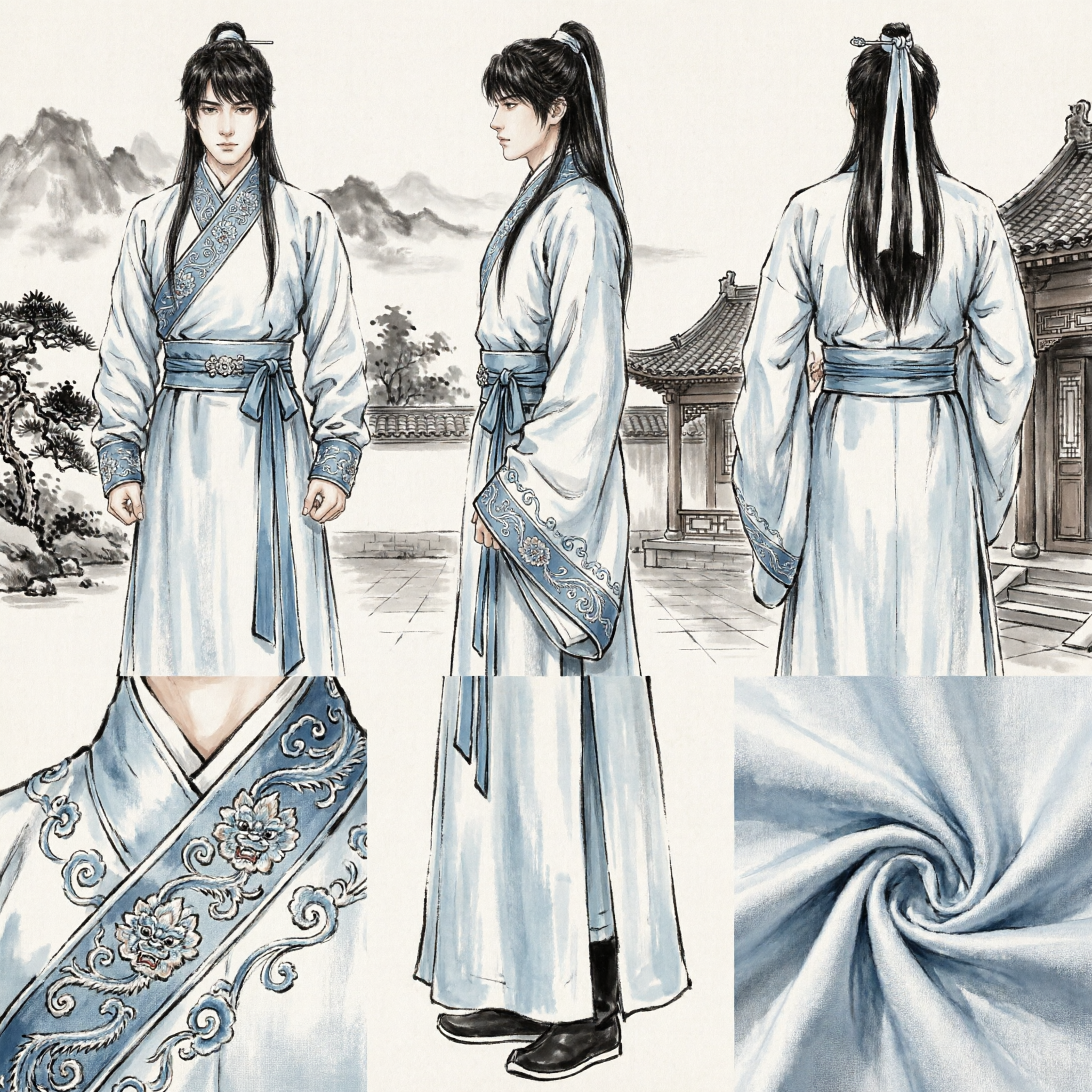 Traditionelles chinesisches Hanfu-Gelehrtenkostüm für Männer, Weißer Robe-Wuxia-Schwertkämpfer-Outfit für Cosplay-Auftritte - Asian Costume