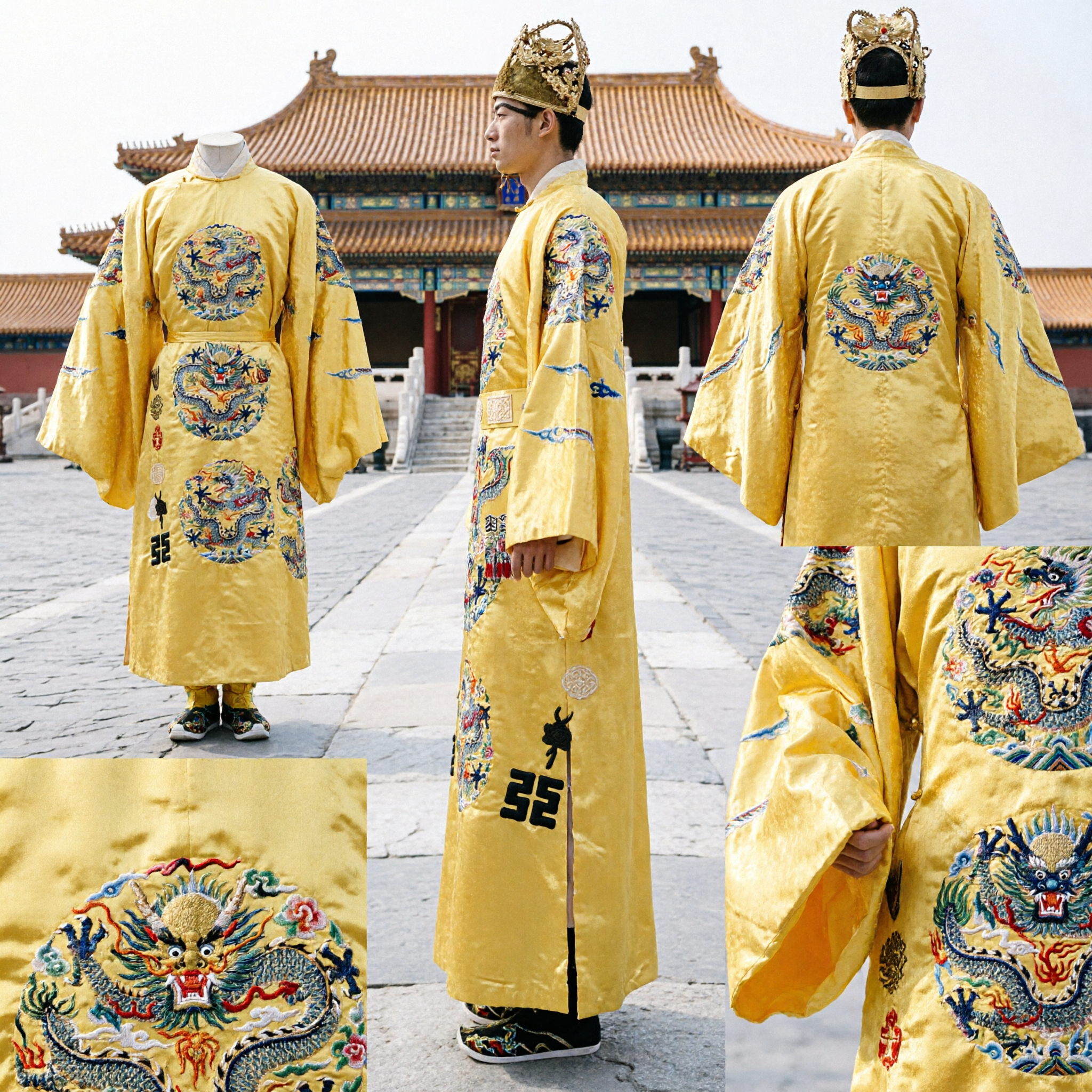 Robe du dragon jaune de l'empereur traditionnel chinois, costume ancien royal Hanfu pour hommes pour performance scénique - Asian Costume