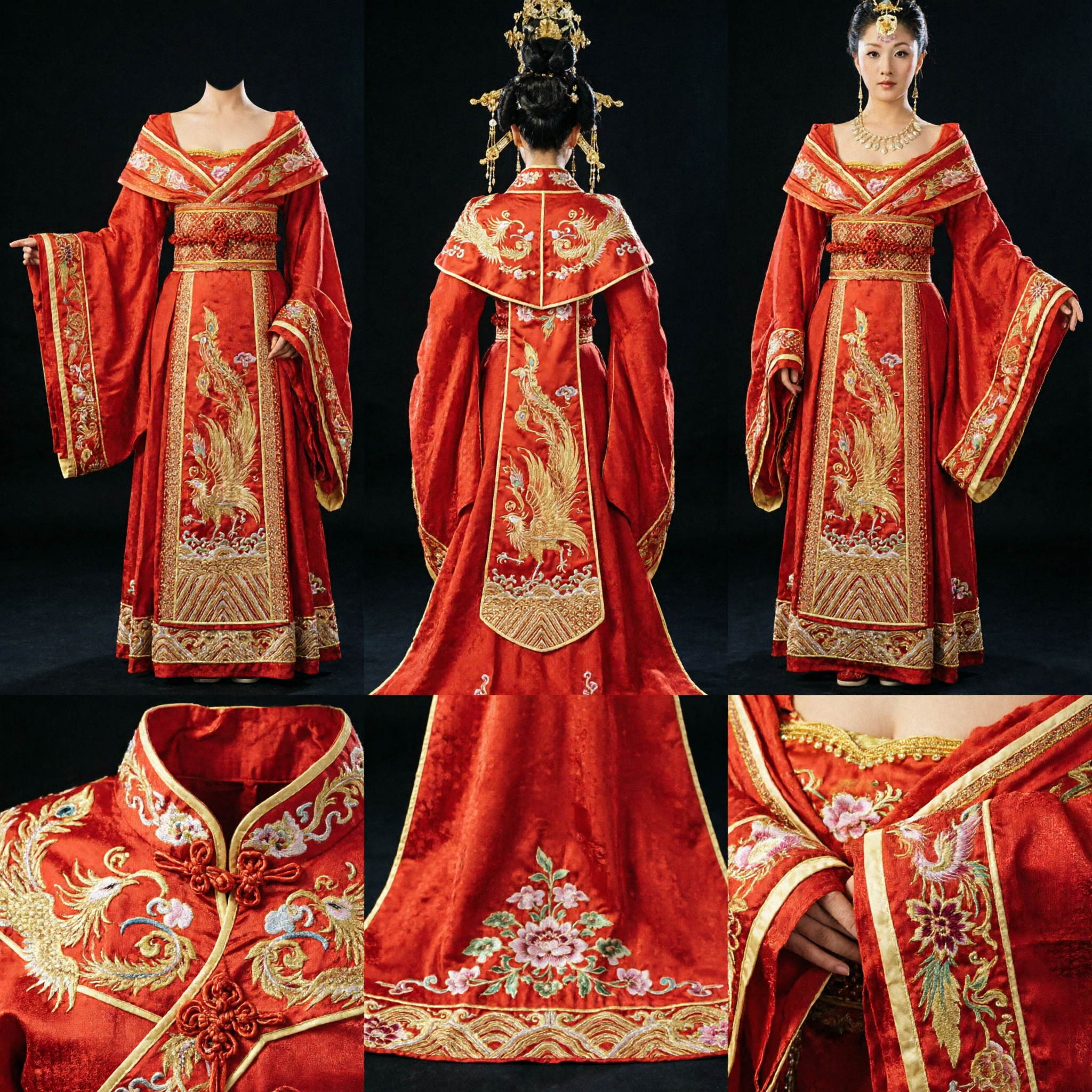 전통 중국 당나라 황후 한푸 복장 붉은 왕실 웨딩 드레스 금색 머리장식 포함 여성용 - Asian Costume