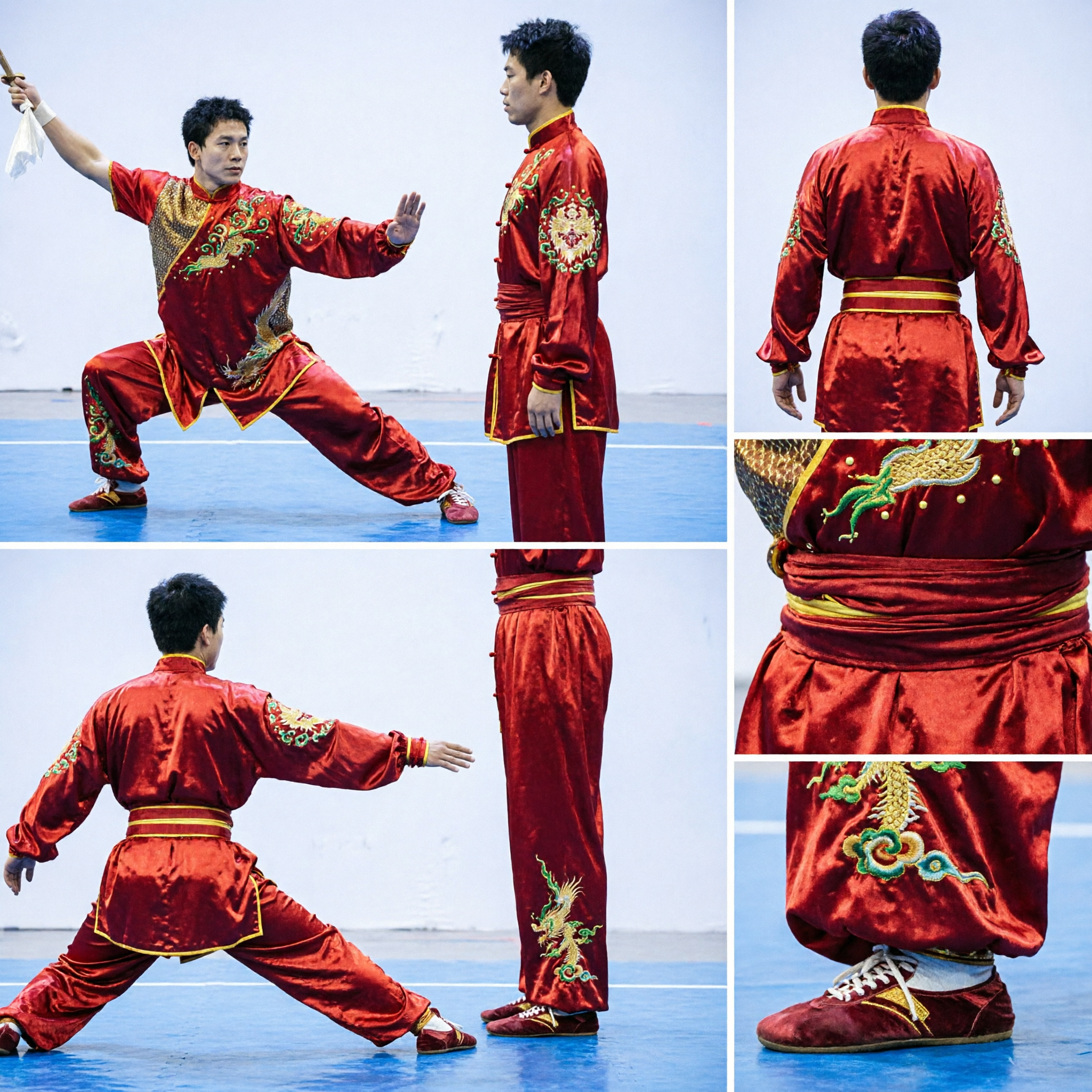 Rotes Drachen-Stickerei-Kung-Fu-Outfit für Männer, Traditionelles Wushu-Kampfkunst-Wettbewerbskostüm-Set - Asian Costume