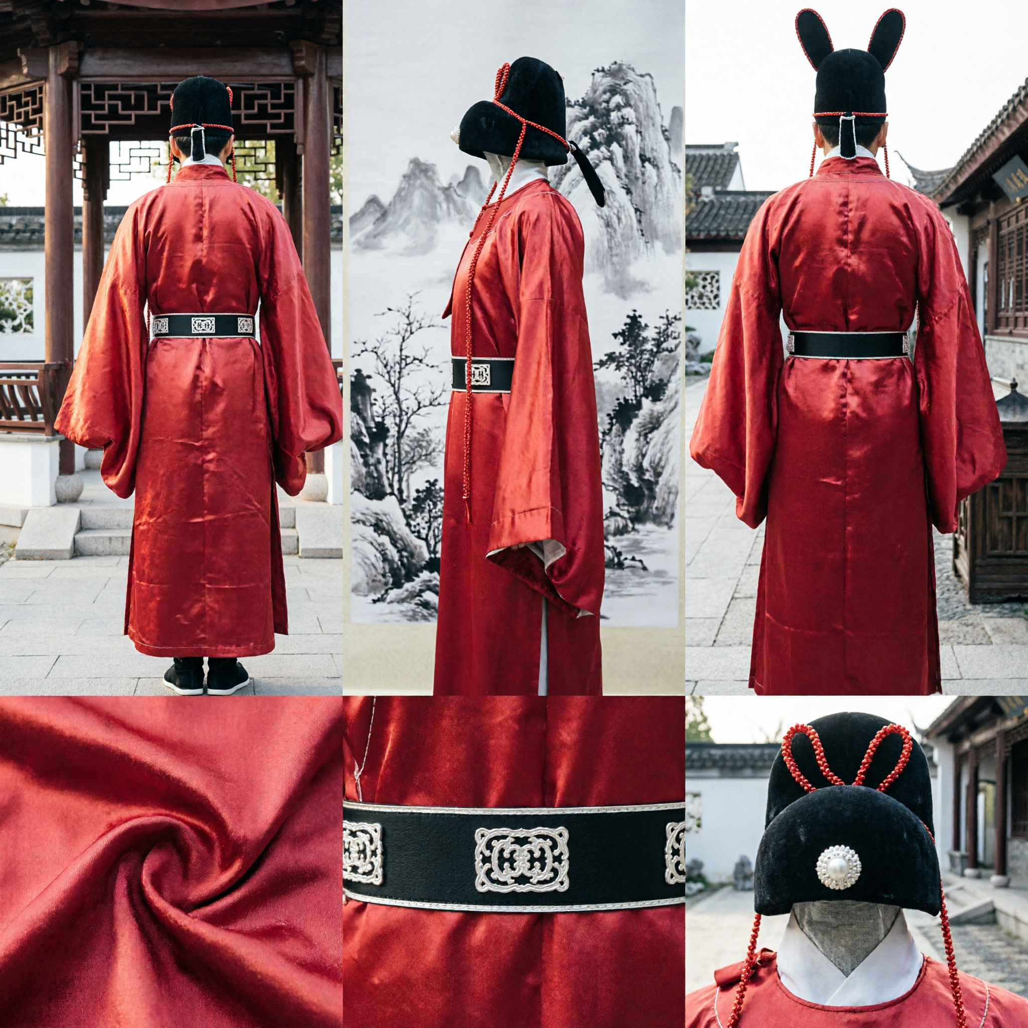 伝統的中国古代官服赤ローブ漢服コスチュームセット 帽子付き 男性用コスプレ - Asian Costume