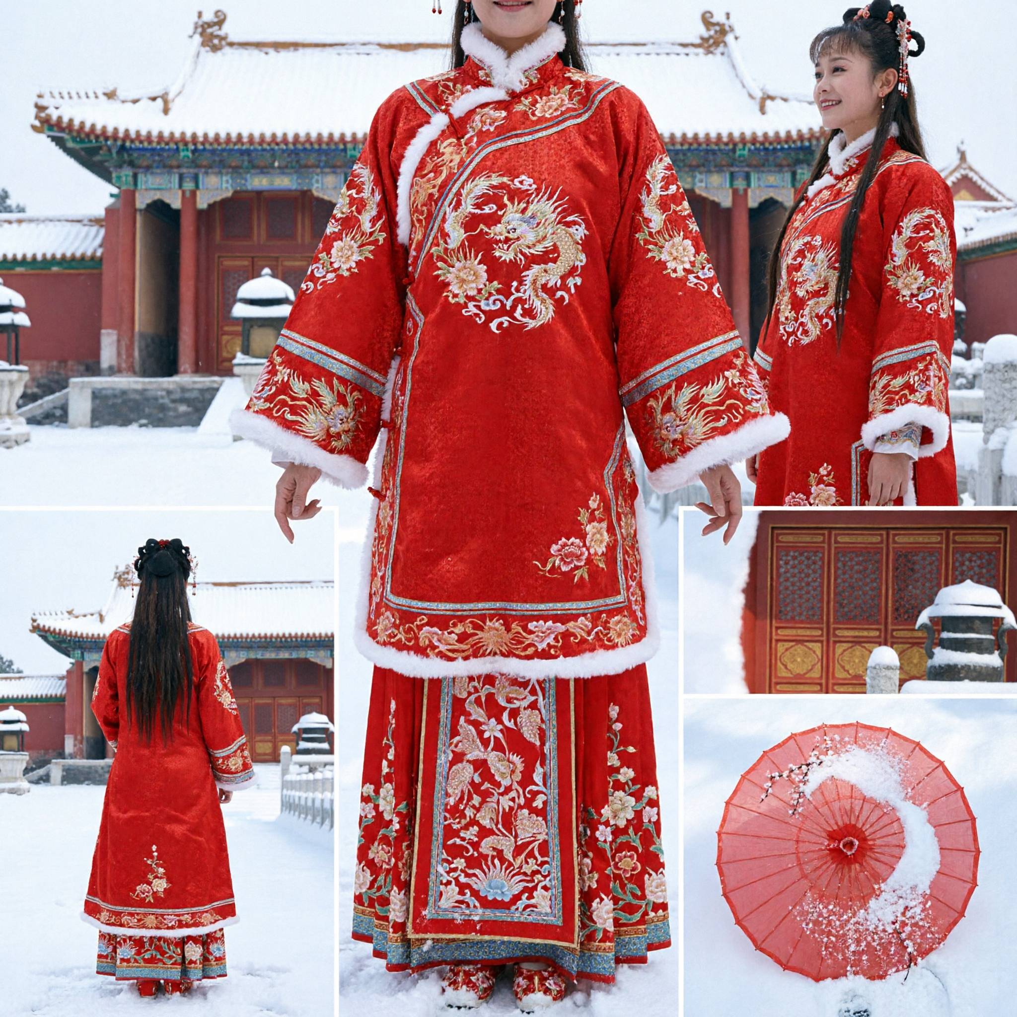 Women's Traditional Chinese Qing Dynasty Princess Red Wedding Hanfu Costume with Fur Trim Cloak and Umbrella - Asian Costume
