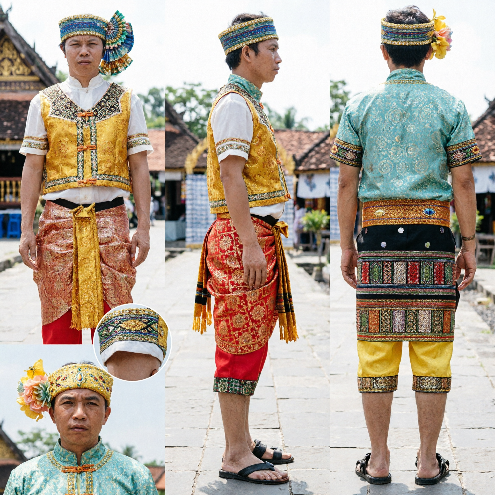 Herren Thailändisches traditionelles Tanzkostüm-Set mit goldener Weste, gemustertem Sarong und Kopfschmuck für kulturelle Aufführungen - Asian Costume