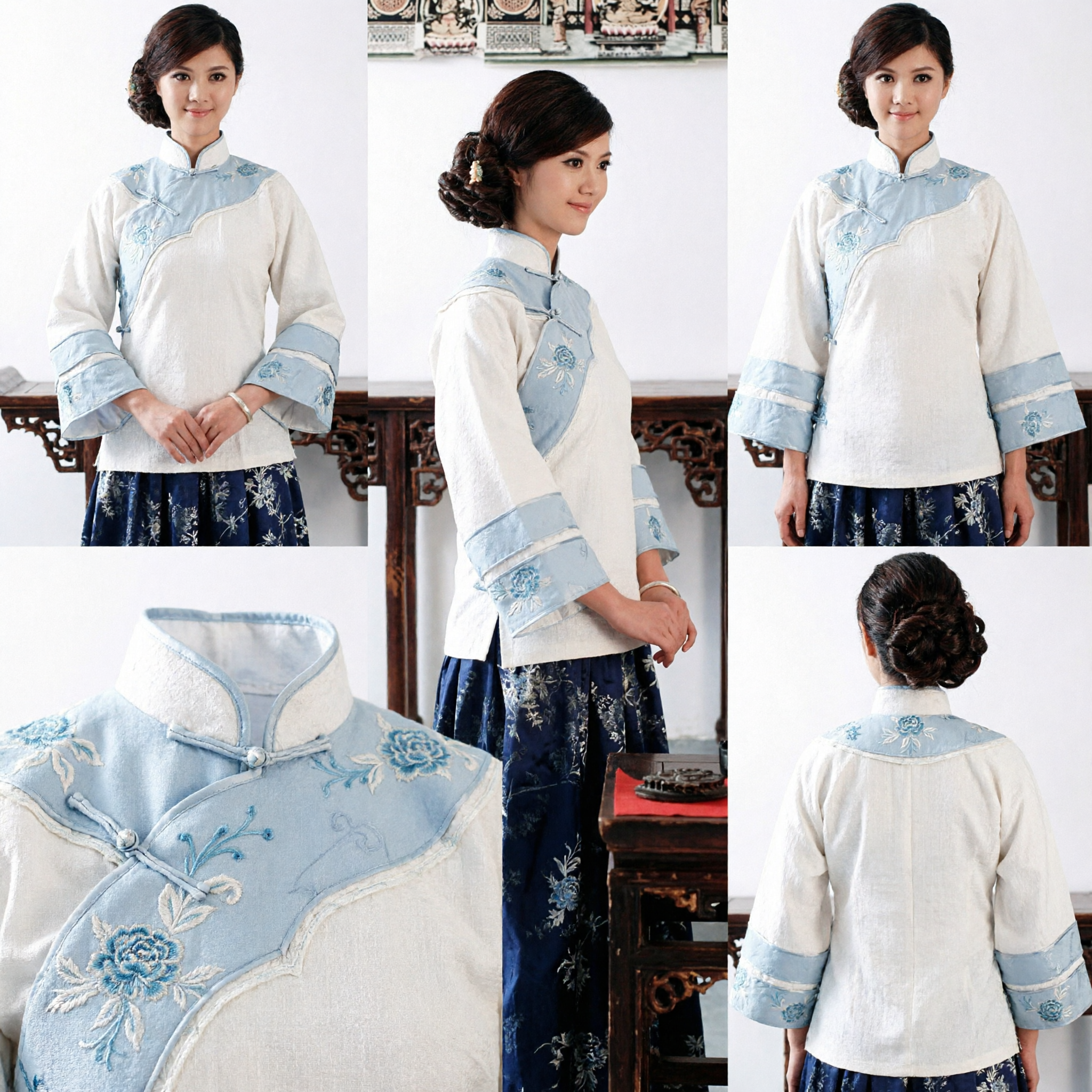 Conjunto Elegante de Blusa e Saia Estilo Minguo Tradicional Chinês para Mulheres Tang Suit para Cerimônia do Chá e Performance - Asian Costume