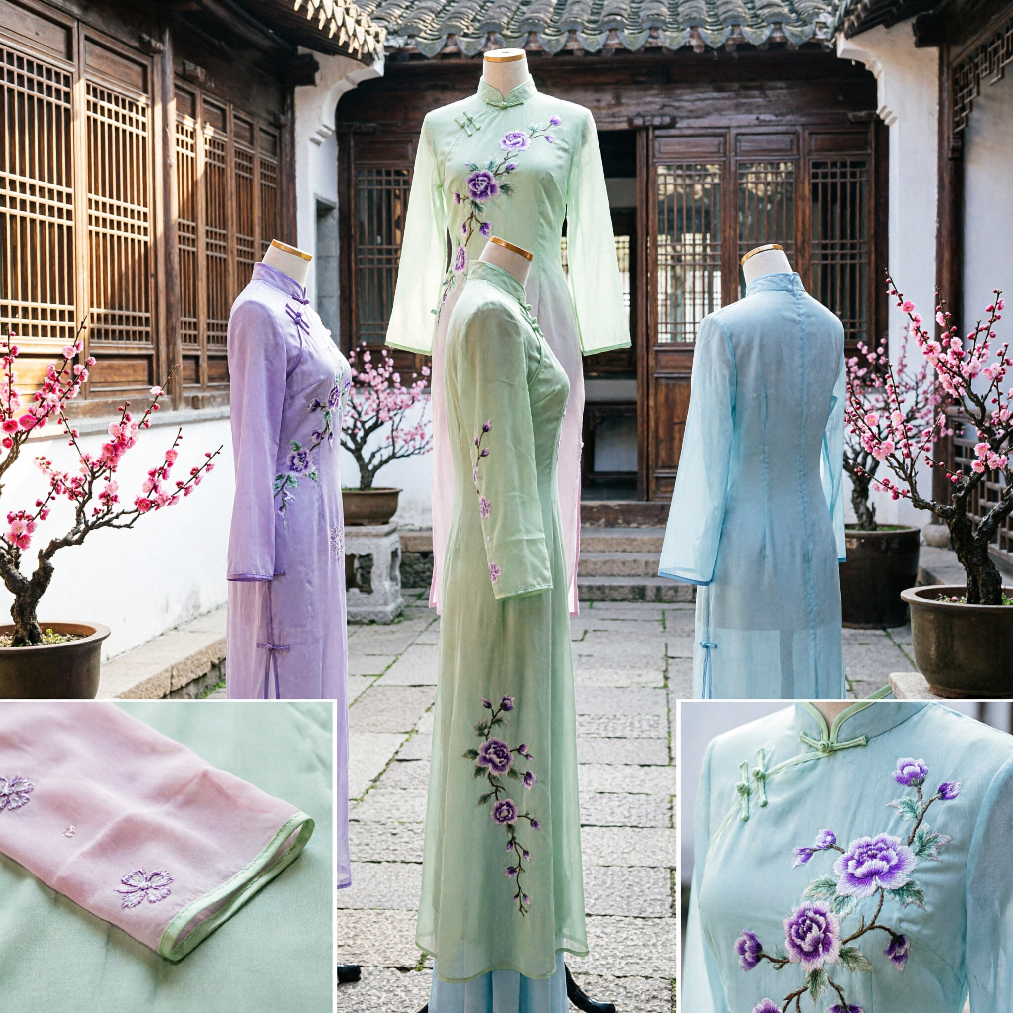 Abito Tradizionale Vietnamita Ao Dai, Elegante Tunica Lunga Ricamata per Donne per Matrimoni, Damigelle e Spettacoli - Asian Costume