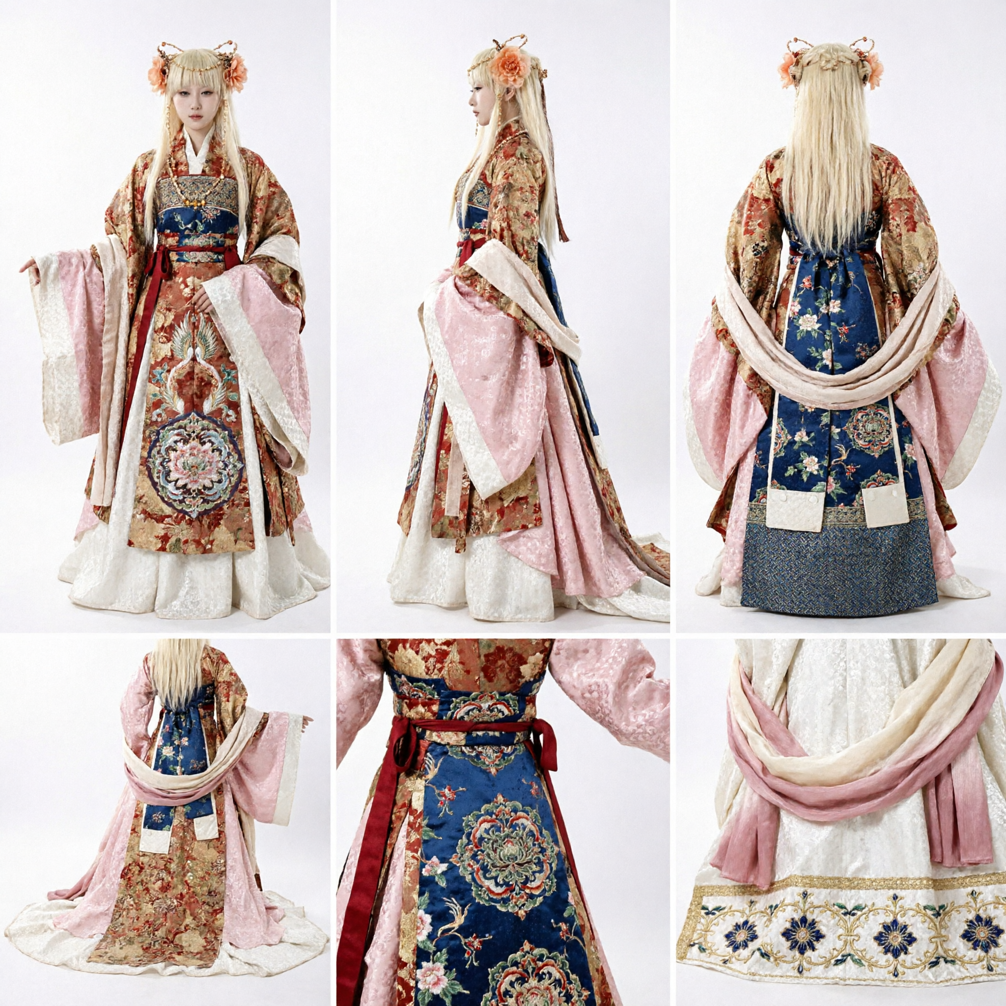 Wyszukany tradycyjny chiński strój Hanfu dla lalek BJD, starożytny styl pałacowy, kwiecista suknia - Asian Costume