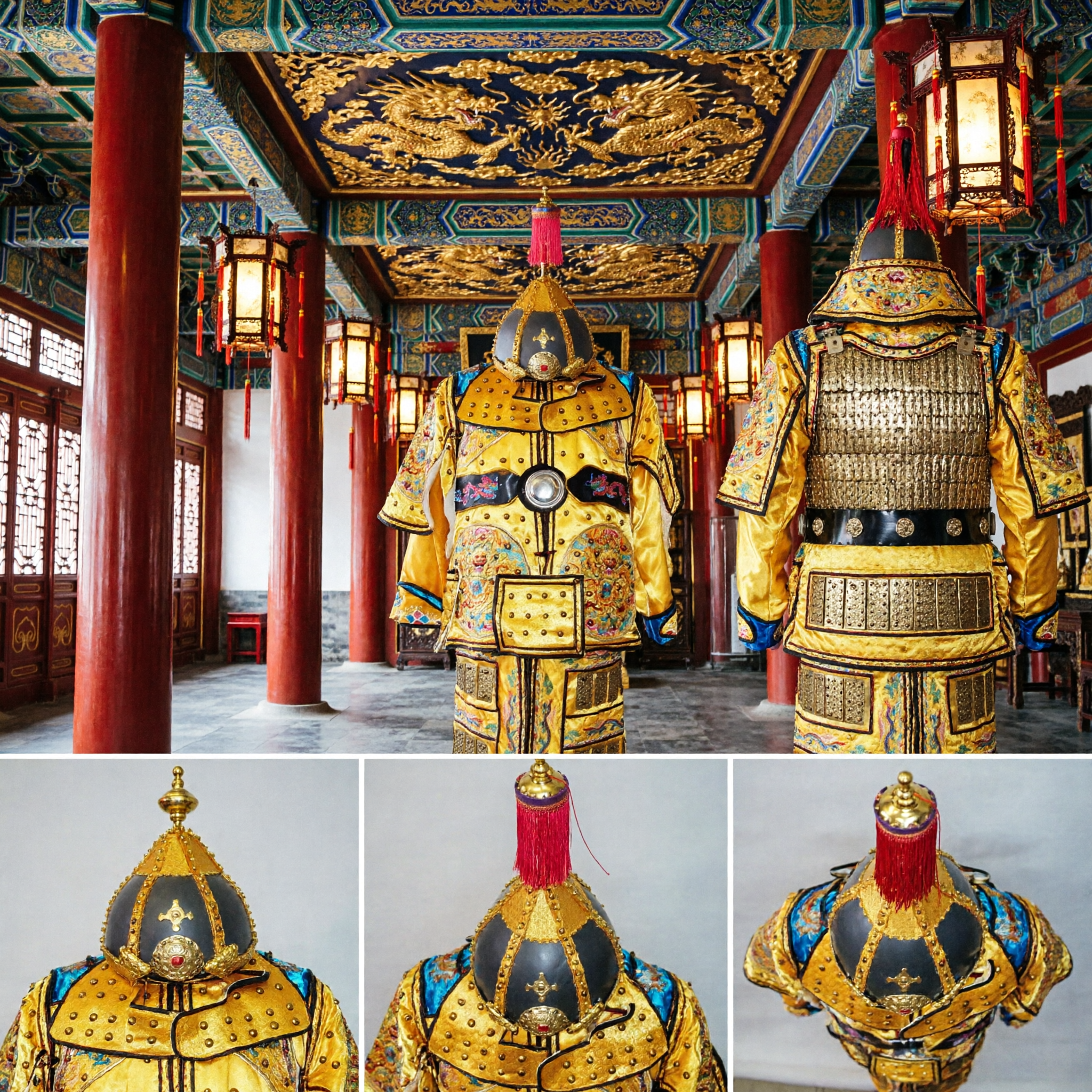 Set Costume Tradizionale Cinese da Armatura con Drago Giallo Imperiale con Elmo per Spettacoli da Imperatore/Generale della Dinastia Qing - Asian Costume