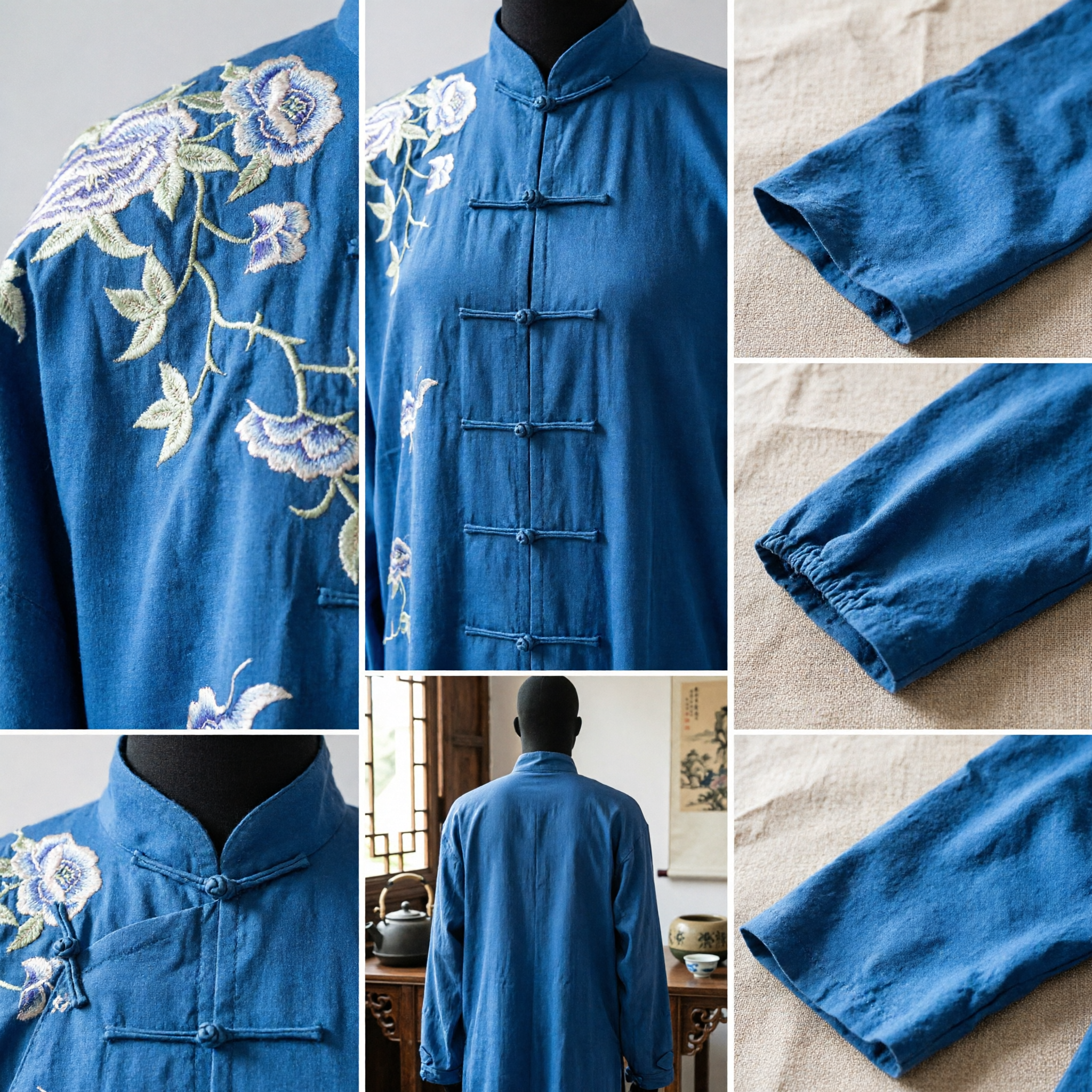 Traditioneel Chinees Blauw Zijden Tang Suit Jasje Bloemenborduurwerk Mandarijnkraag Kung Fu Tai Chi Kostuum - Asian Costume
