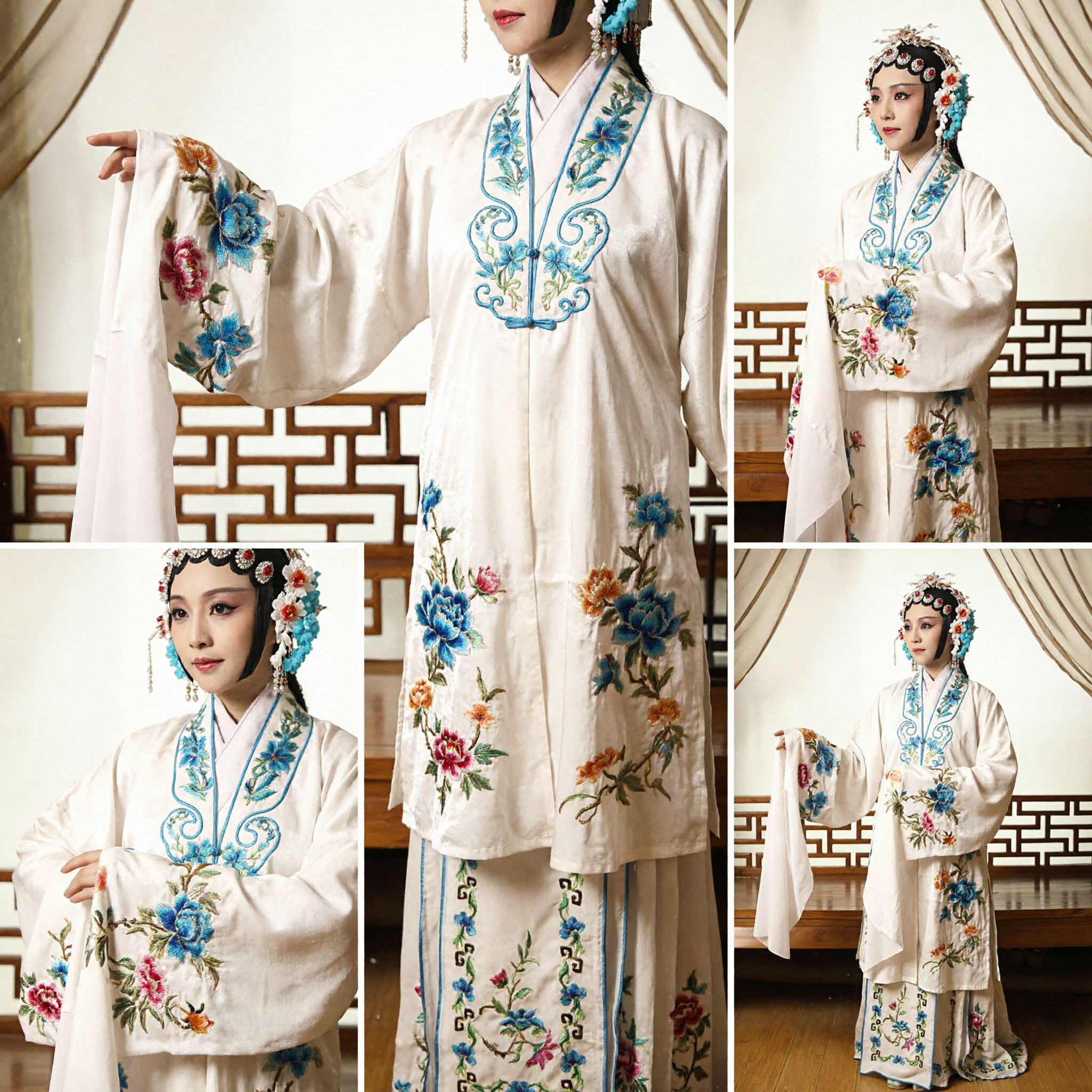 Traditioneel Chinees Peking Opera Kostuum Witte Geborduurde Gewaad met Lange Watersleeves voor Vrouwelijke Dan Rol Optreden - Asian Costume