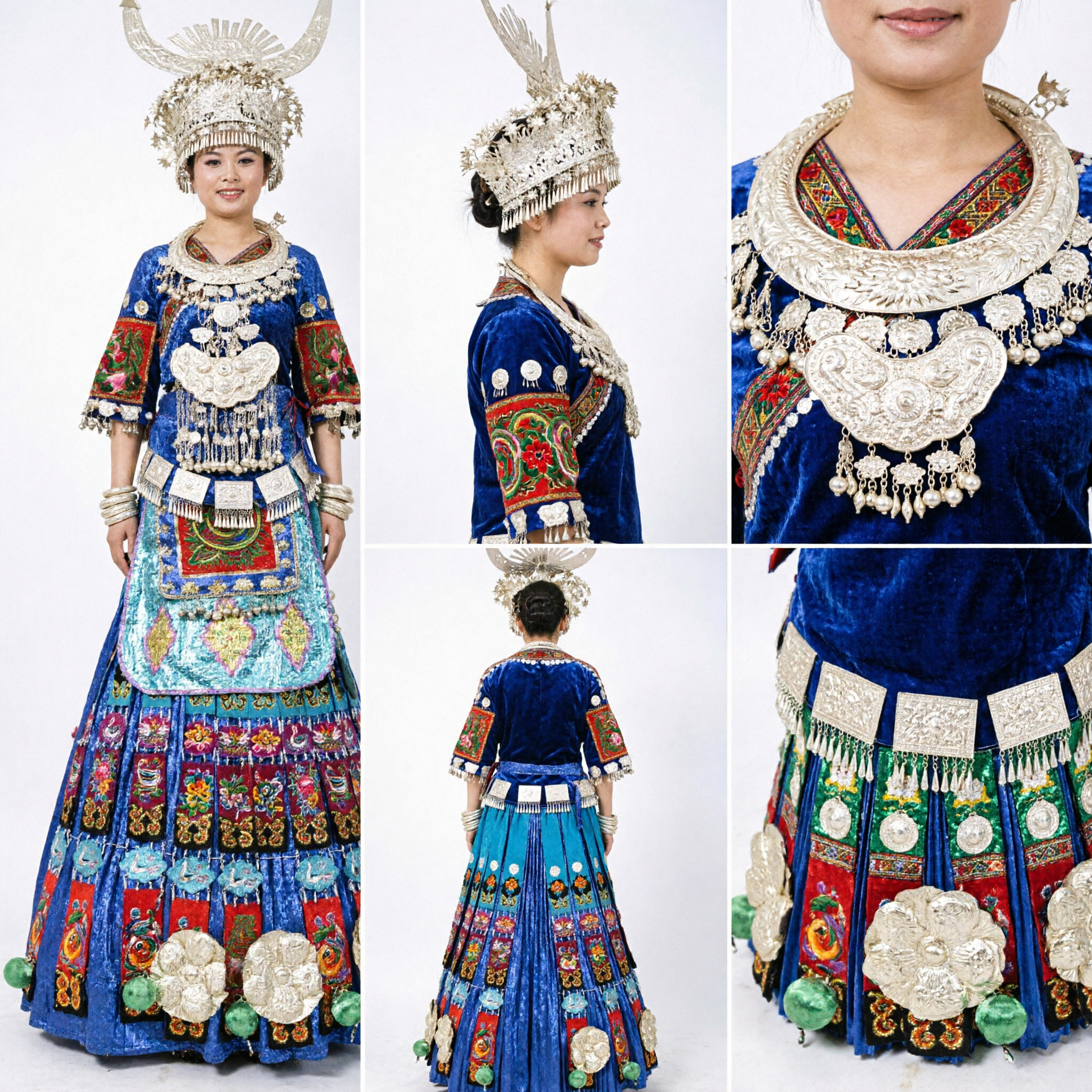 Costume traditionnel de la minorité ethnique Miao chinoise - Coiffe en argent et robe bleue brodée pour performance scénique féminine - Asian Costume