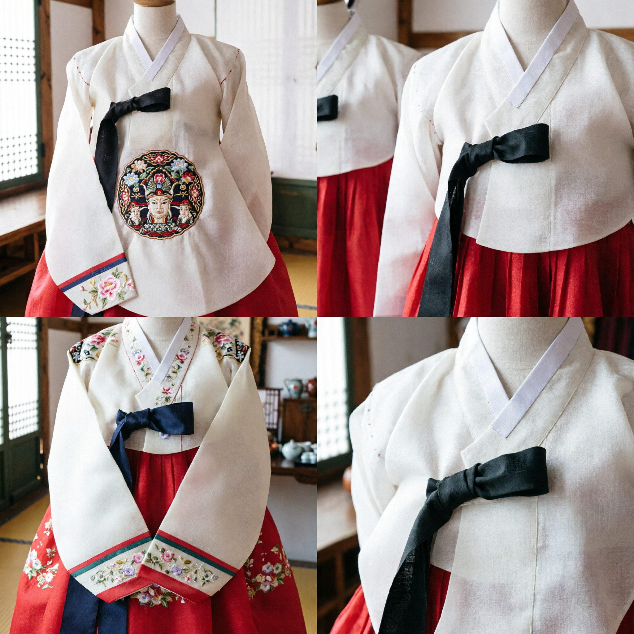 여성 전통 한국 한복 빨간색 치마와 흰색 저고리 꽃 자수 정장 드레스 (결혼식용) - Asian Costume